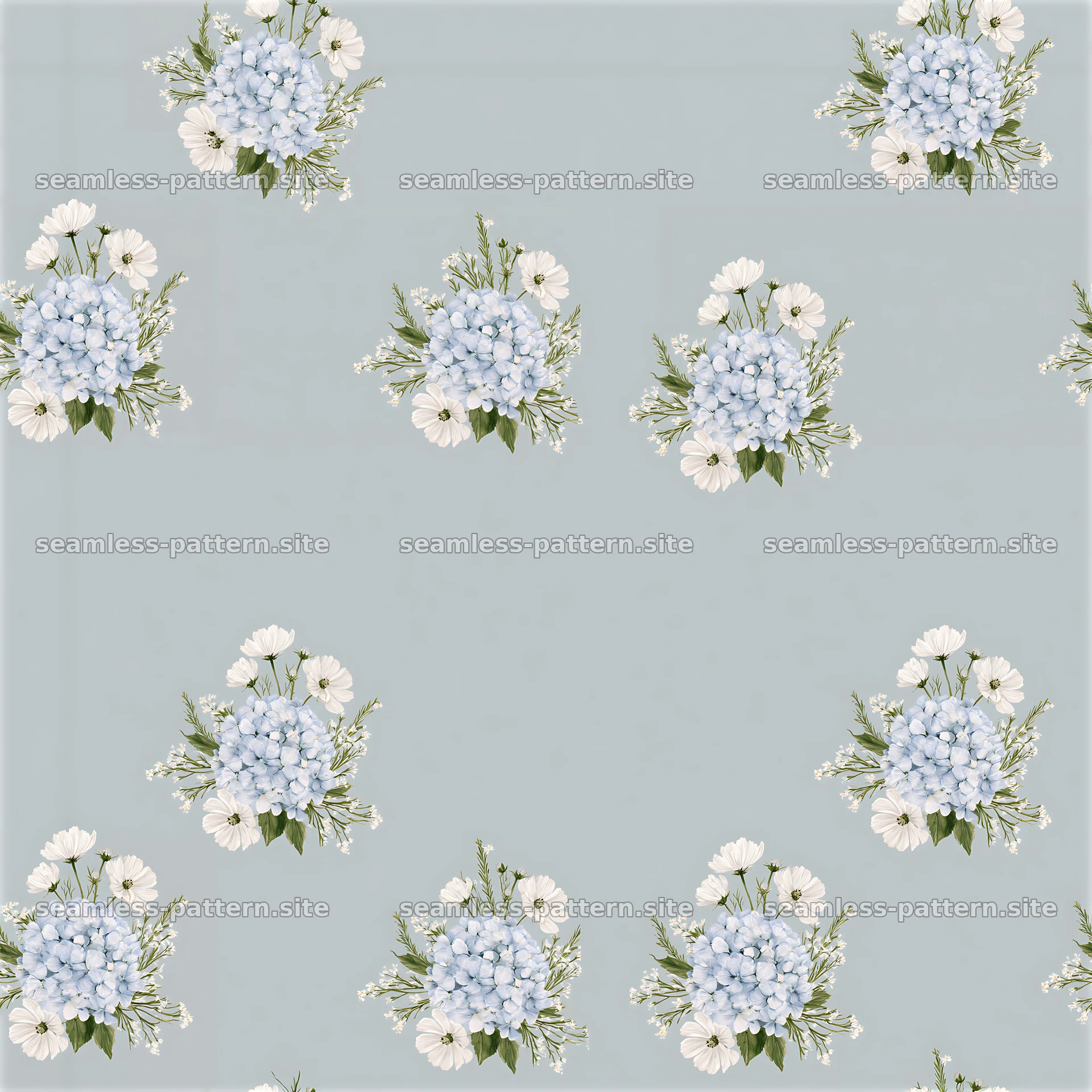 Flower bouquet repeat pattern with blue flowers and white blooms — seamless tileable pattern at 8192x8192