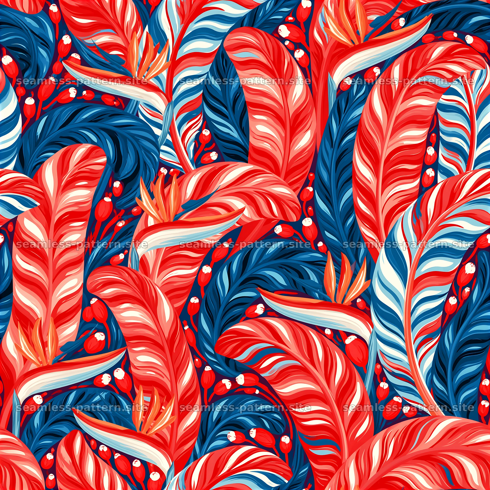 Colorful leaf seamless pattern with bold red and blue hues — seamless tileable pattern at 8192x8192