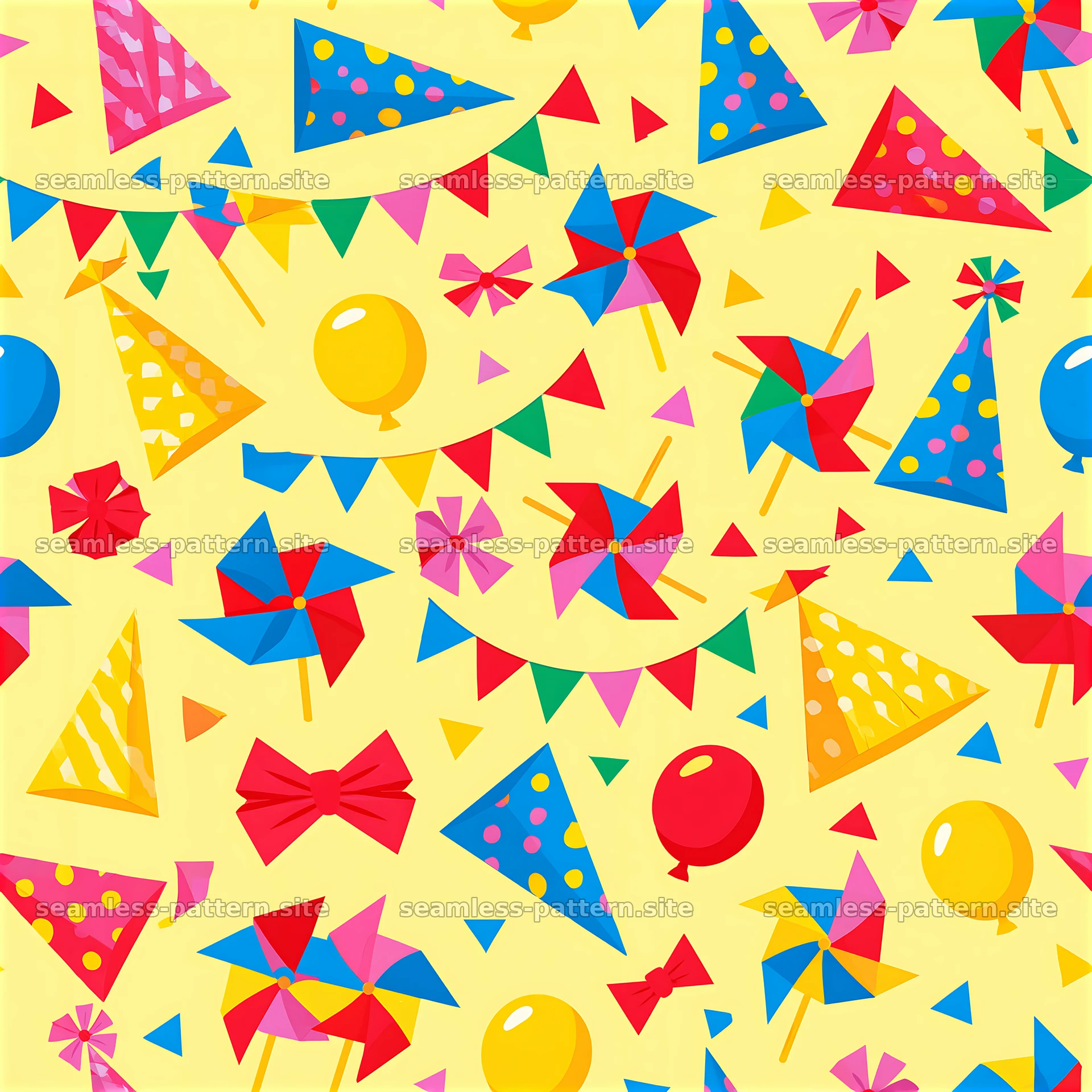Birthday wrapping paper repeat pattern with festive shapes and colors — seamless tileable pattern at 8192x8192