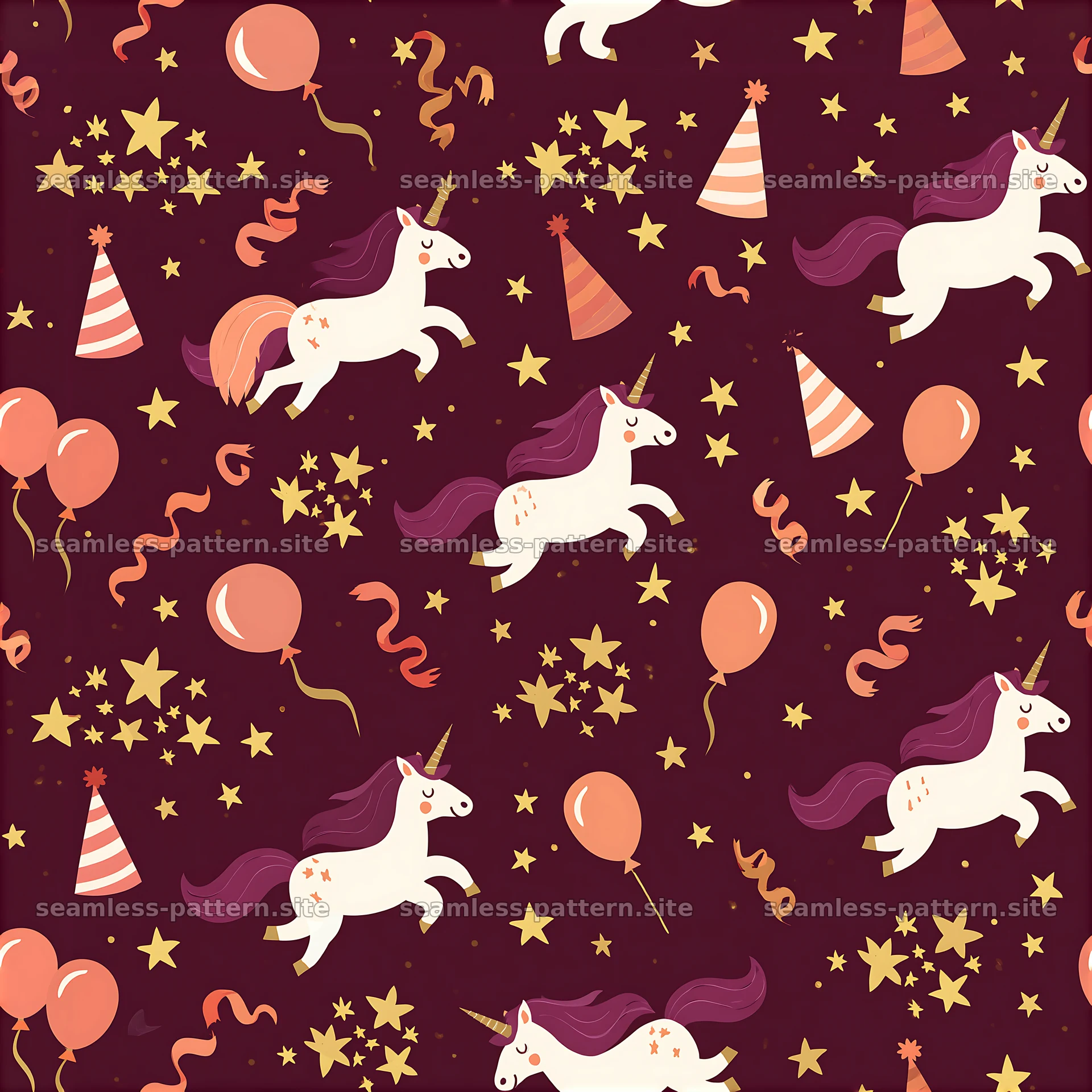 Birthday unicorns seamless pattern with balloons and party hats — seamless tileable pattern at 8192x8192