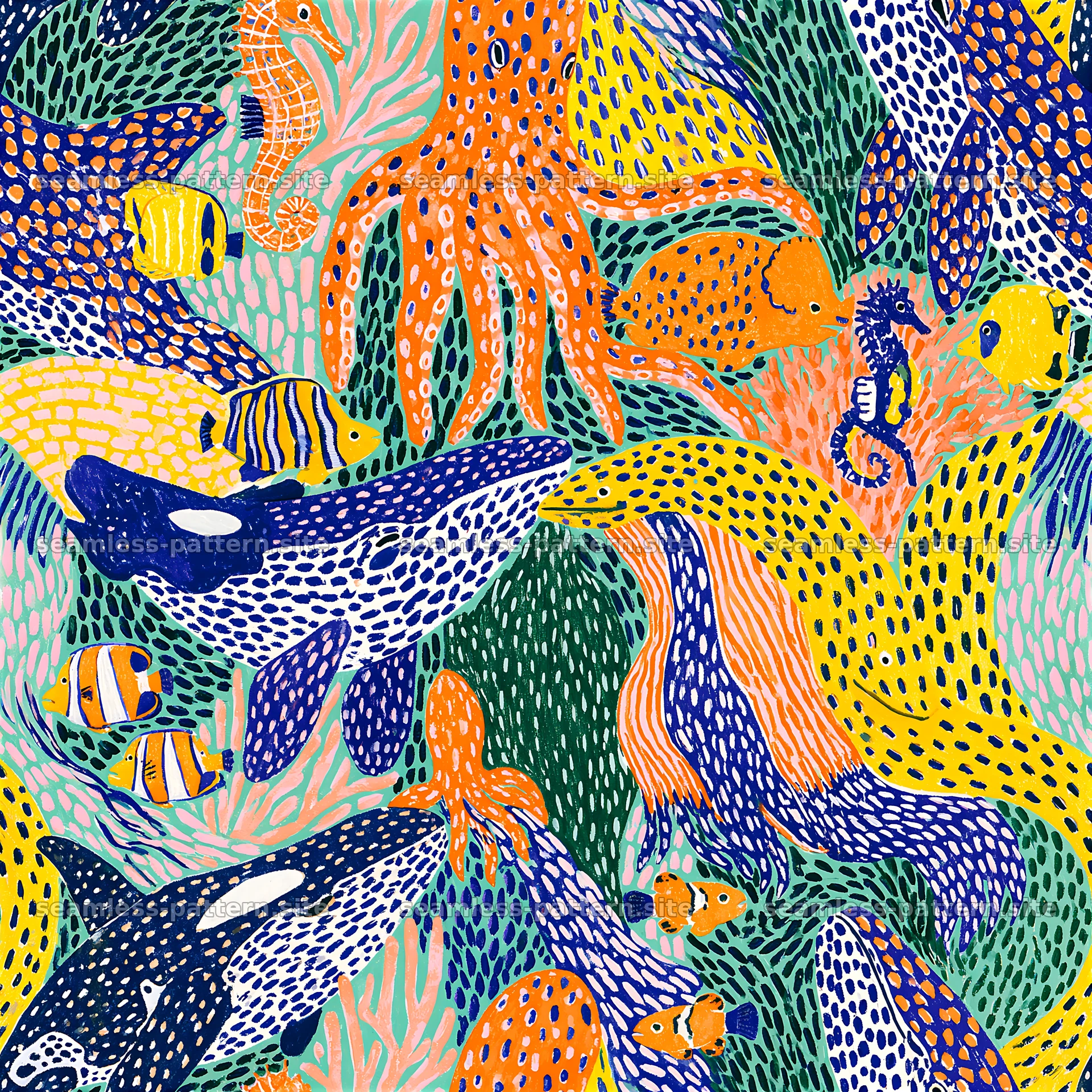 Colorful aquatic animal seamless pattern with various marine life — seamless tileable pattern at 8192x8192