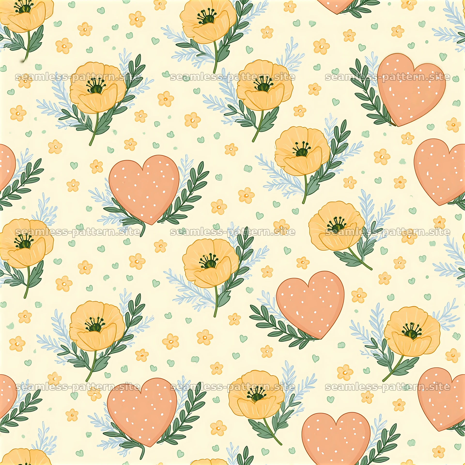 Seamless heart and flower pattern with botanical bouquets — seamless tileable pattern at 8192x8192