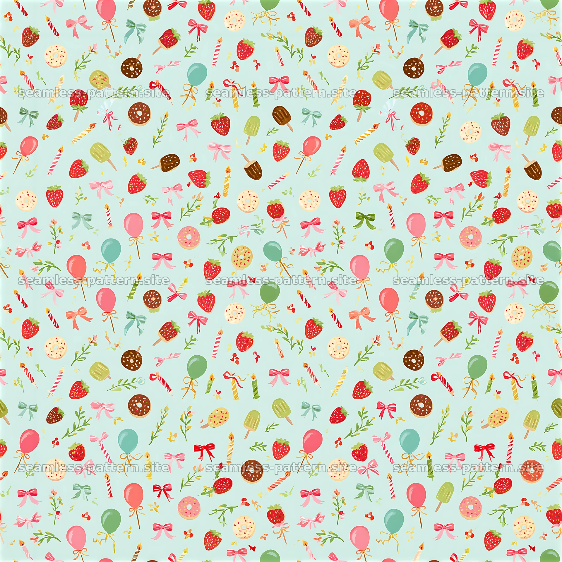Birthday celebration seamless pattern with sweets and balloons — seamless tileable pattern at 8192x8192