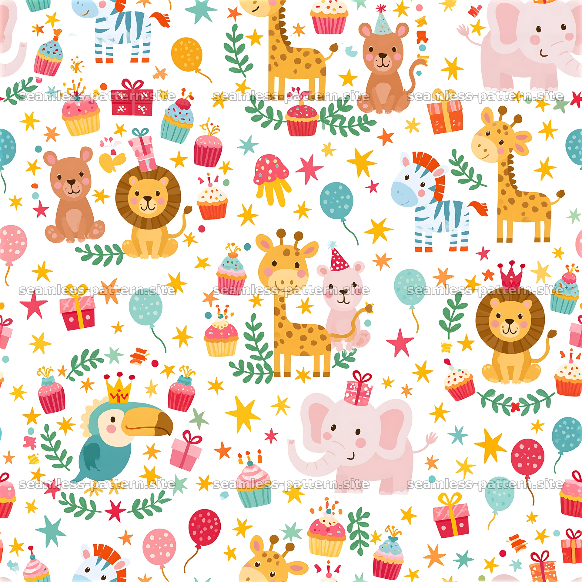 Birthday Safari Animals Seamless Pattern — seamless tileable pattern at 8192x8192