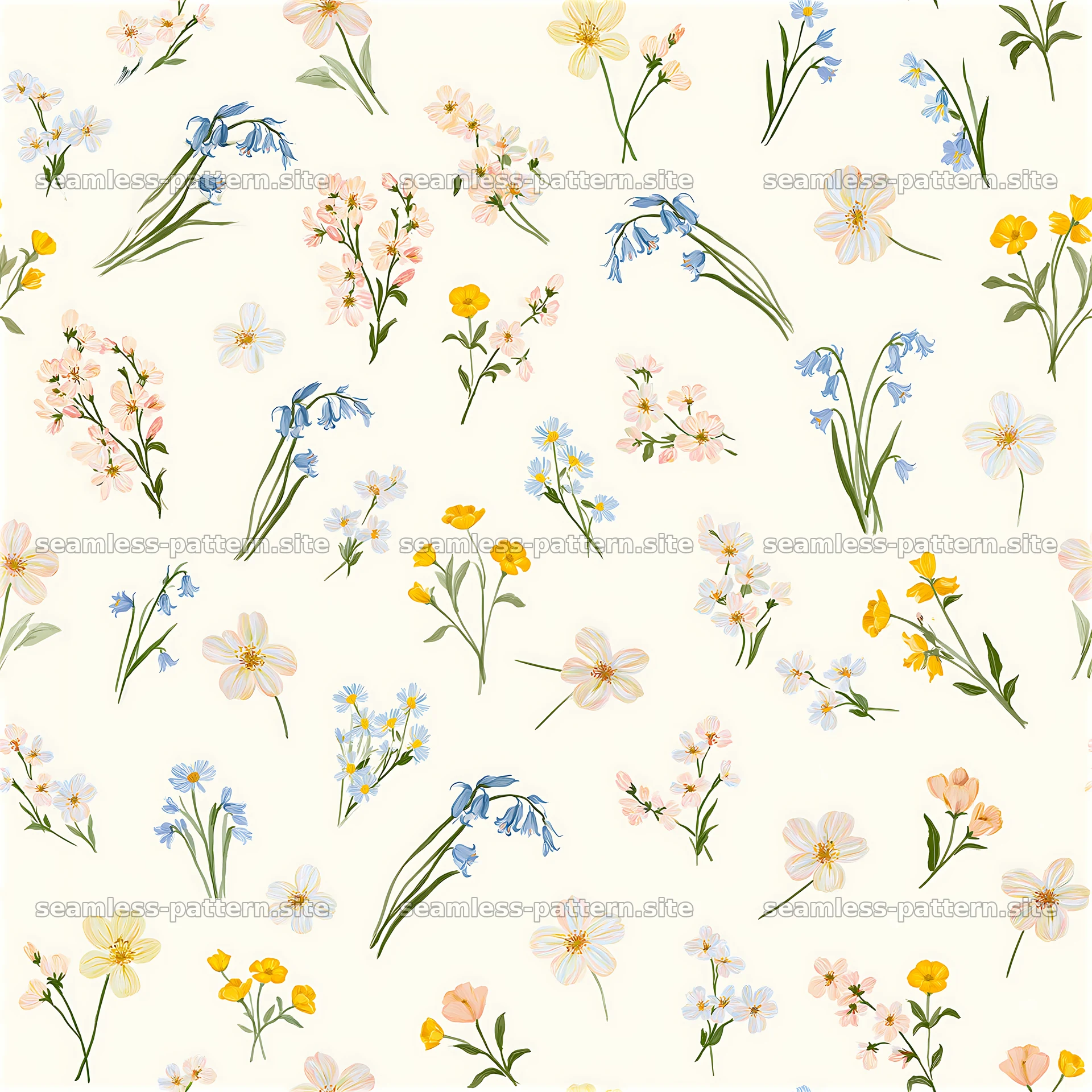 Spring flower seamless pattern with various colorful blooms — seamless tileable pattern at 8192x8192