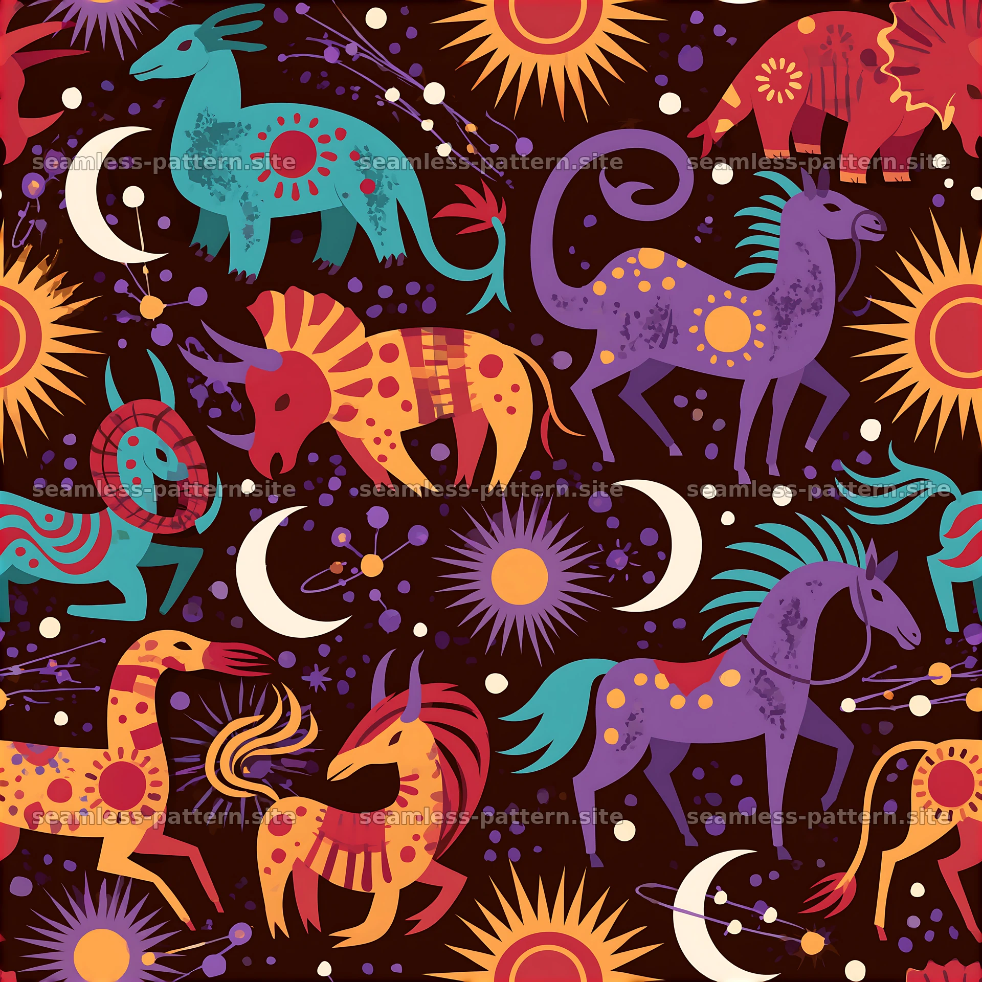 Colorful seamless pattern with astrology motifs and celestial elements — seamless tileable pattern at 8192x8192