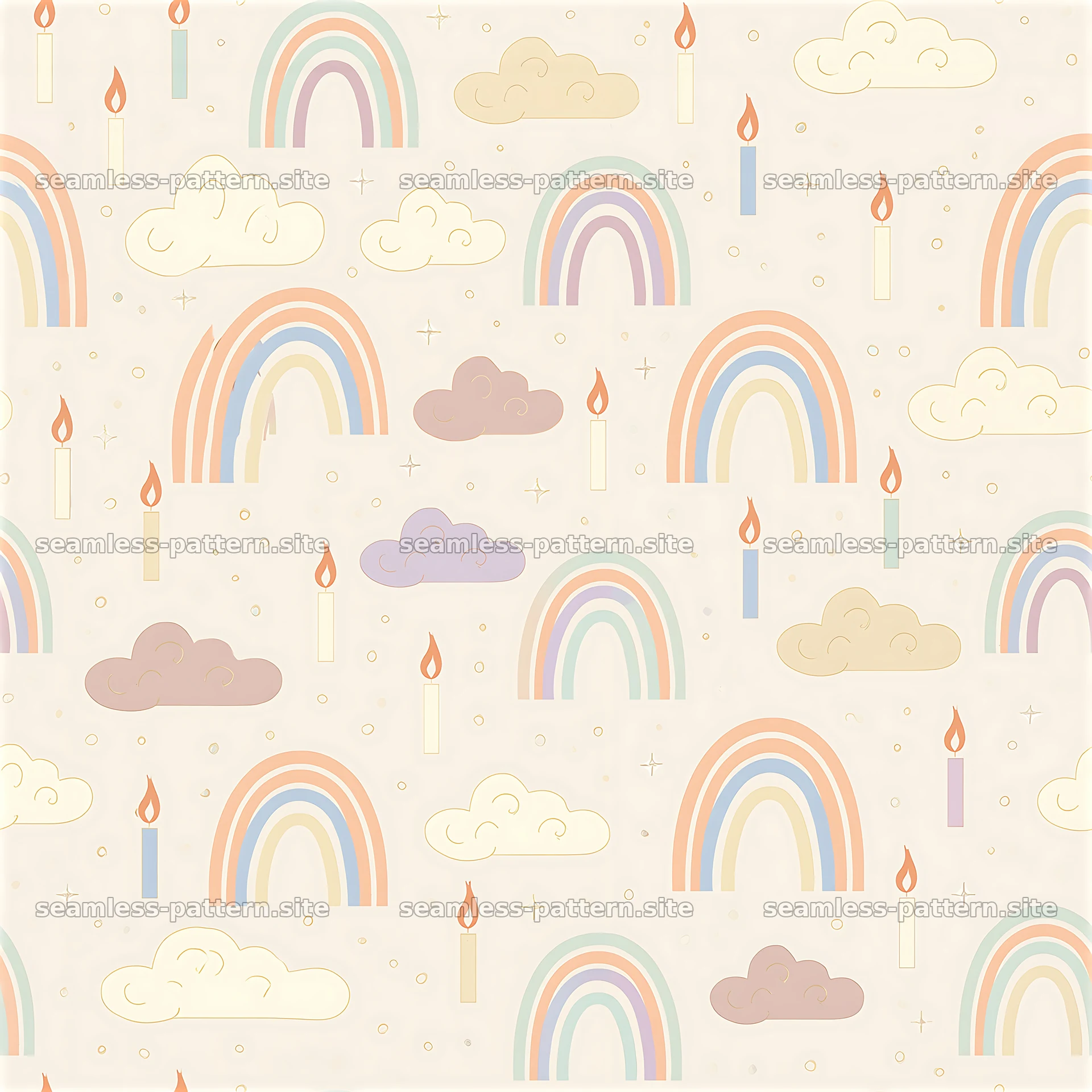 Birthday rainbow pastel seamless pattern with clouds and candles — seamless tileable pattern at 8192x8192