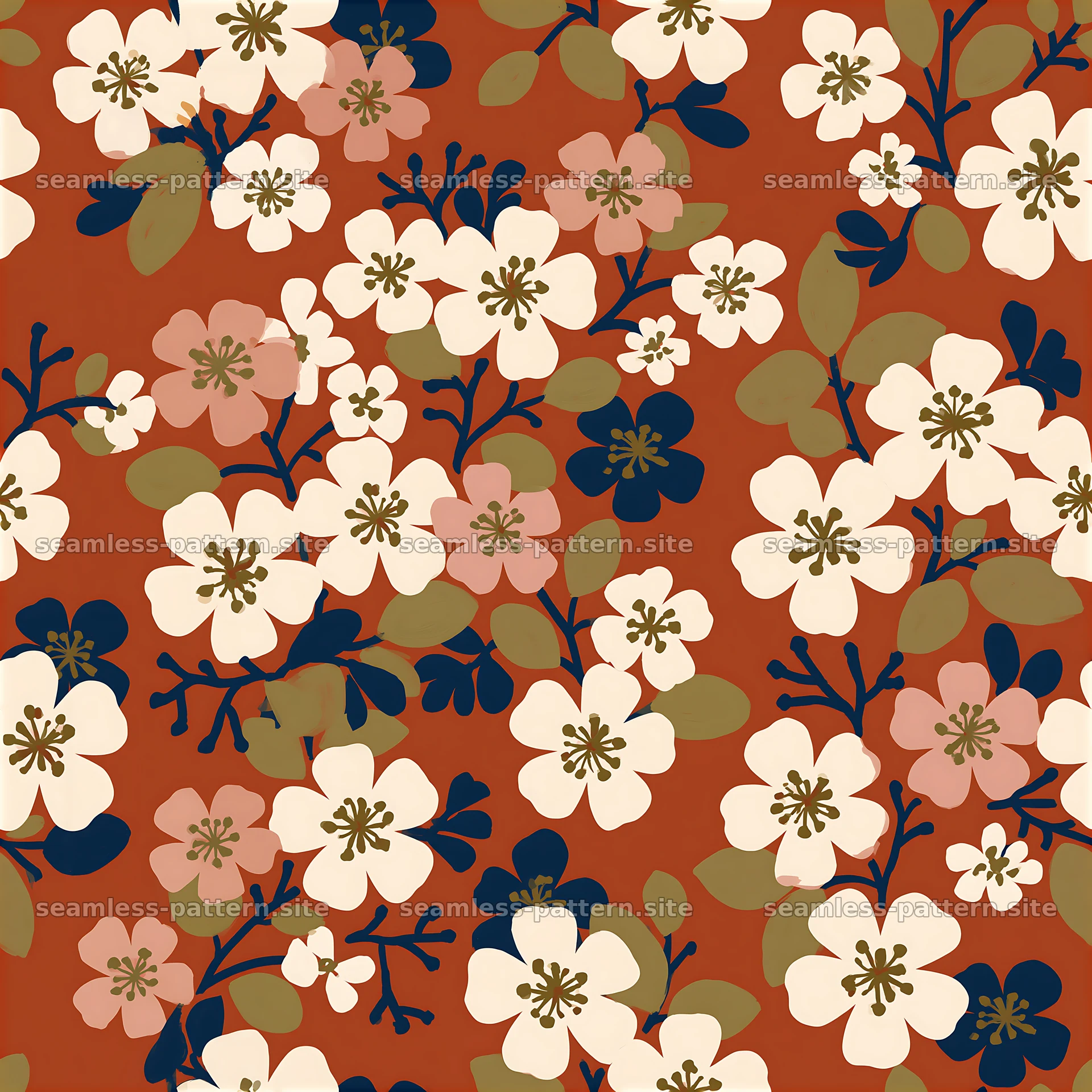 Cherry blossom repeat pattern on a warm background with leaves — seamless tileable pattern at 8192x8192