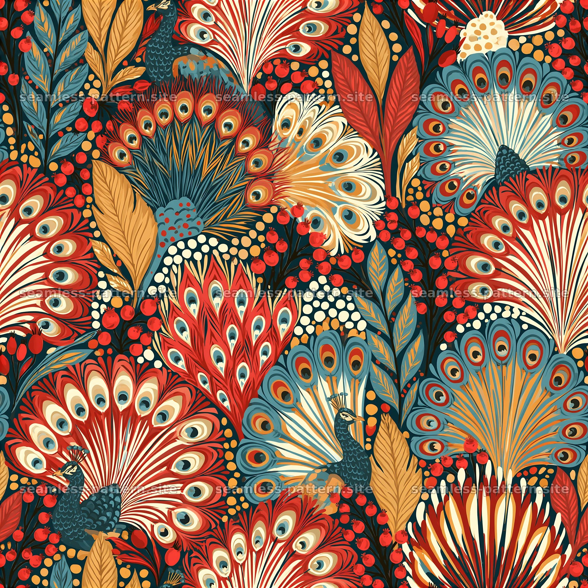 Colorful peacock feather and leaf seamless pattern design — seamless tileable pattern at 8192x8192