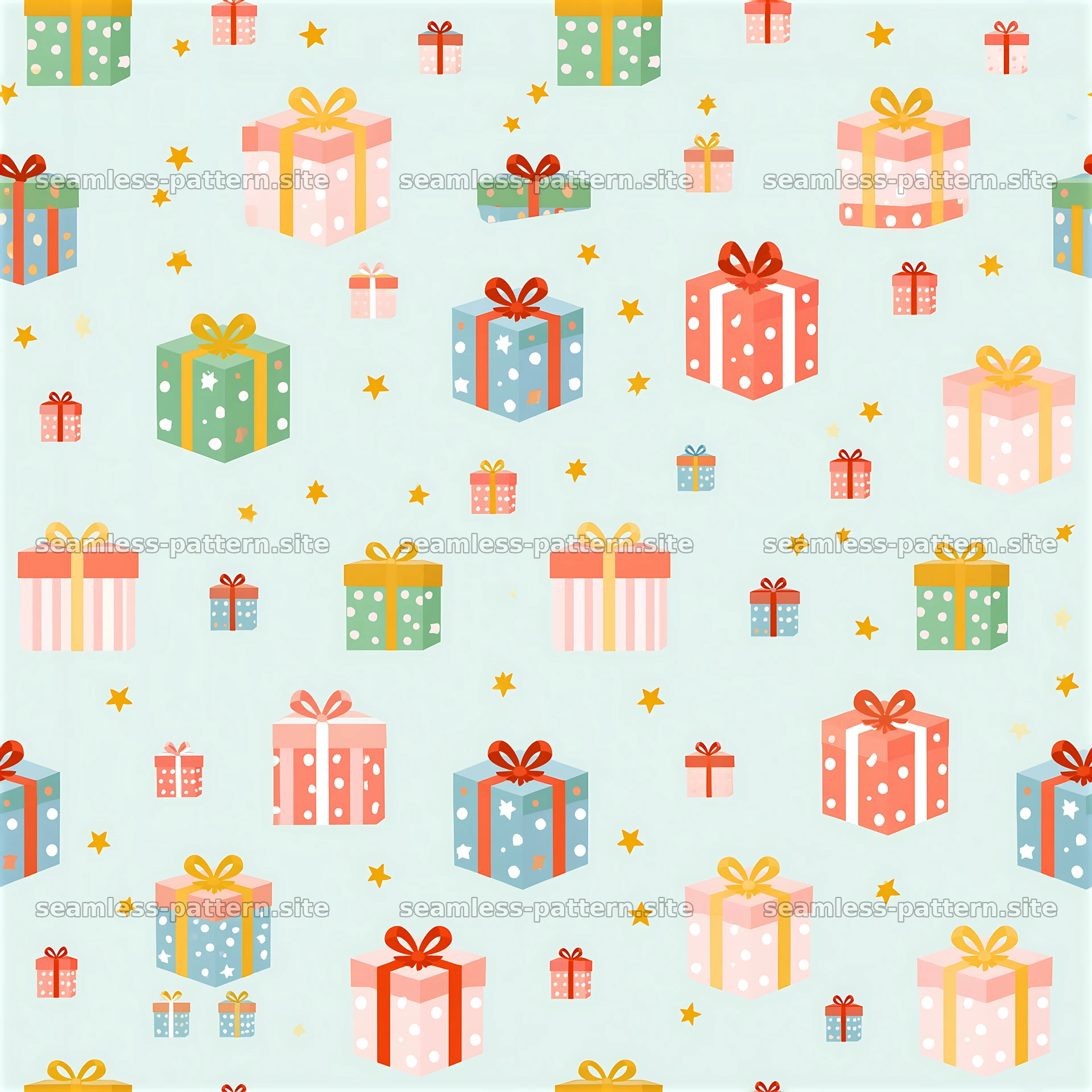 Pattern with cute gift packages on a light blue background — seamless tileable pattern at 8192x8192