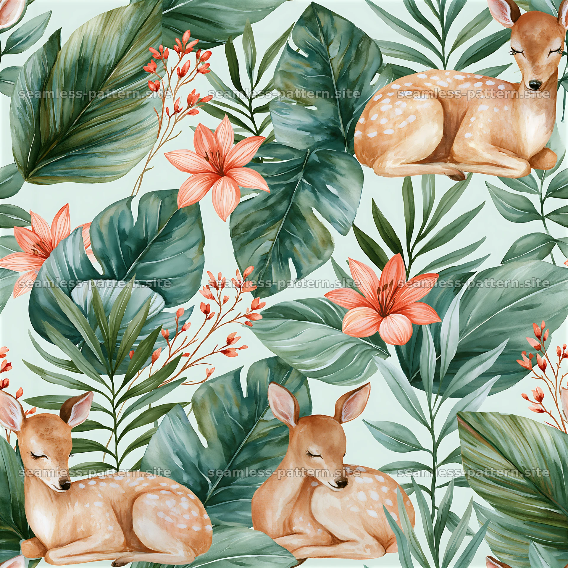 Seamless watercolor deer pattern with flowers and leaves — seamless tileable pattern at 8192x8192