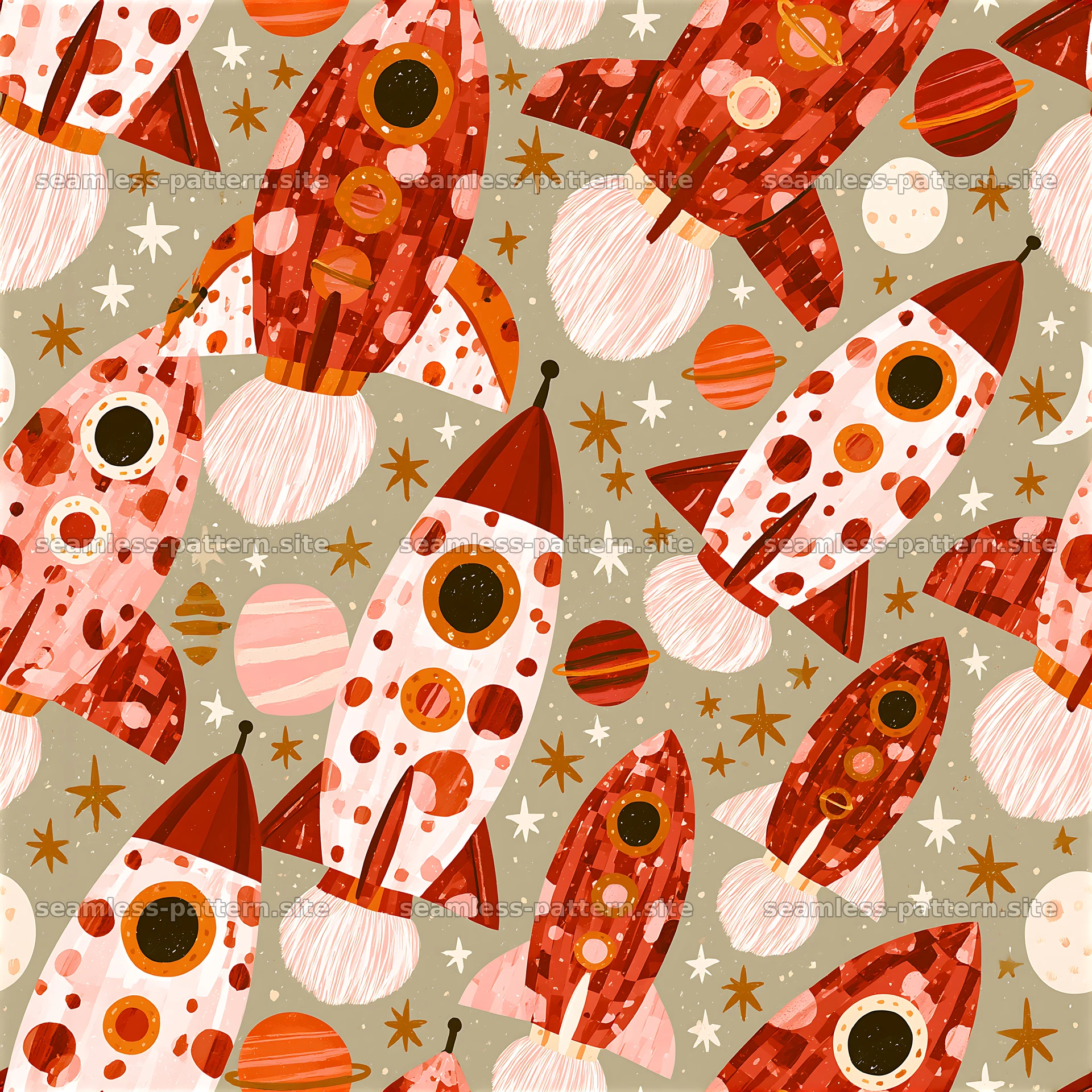 Fun pattern of rockets among planets and stars in simple style — seamless tileable pattern at 8192x8192