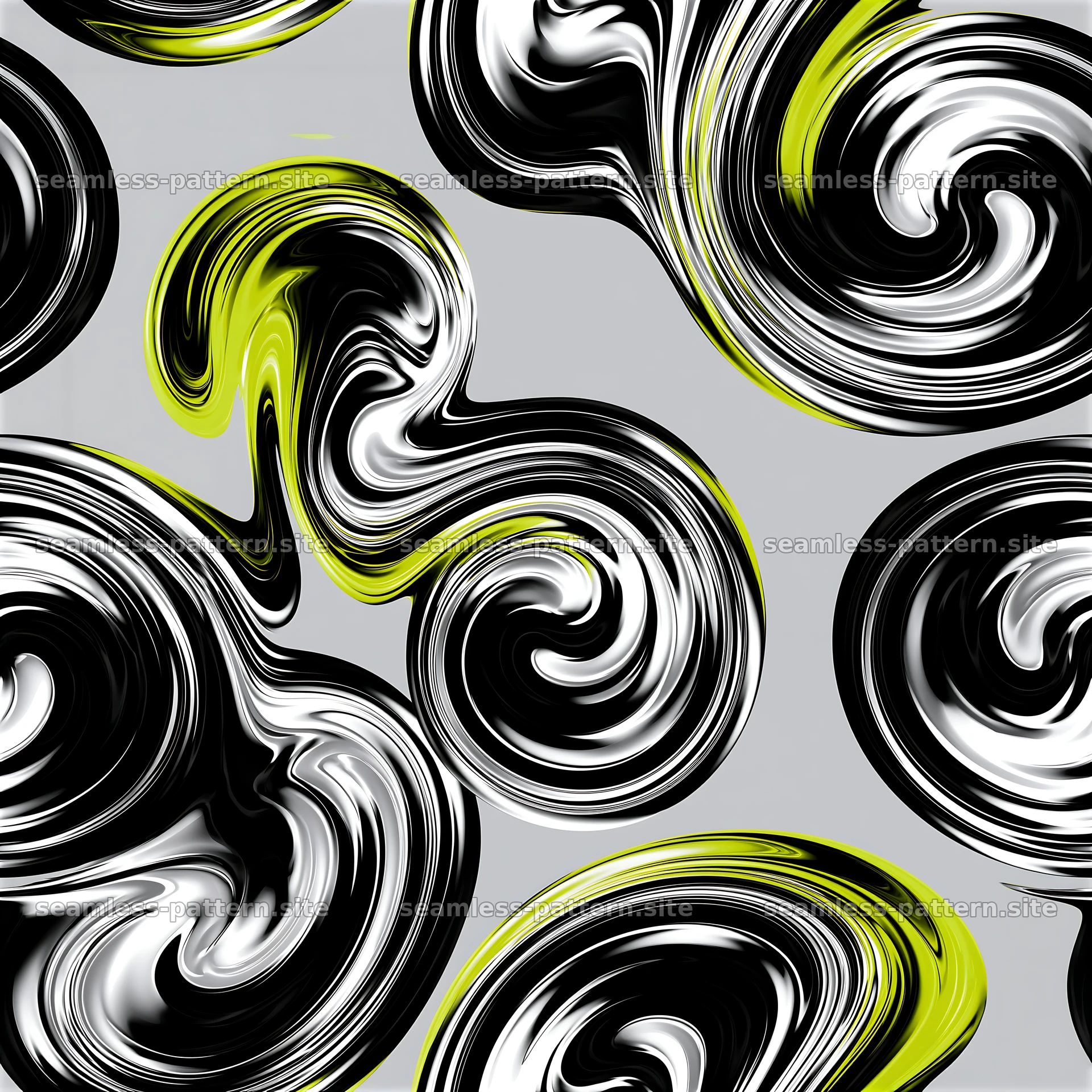 Abstract polished swirls seamless pattern in bold black and yellow — seamless tileable pattern at 8192x8192