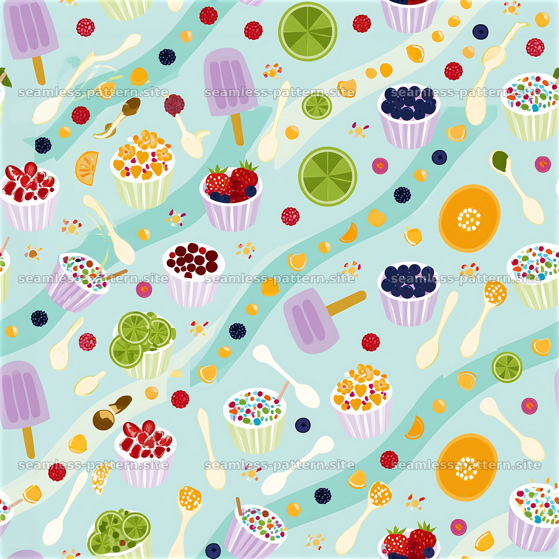 Colorful ice cream pattern with fruits and toppings on blue background — seamless tileable pattern at 8192x8192