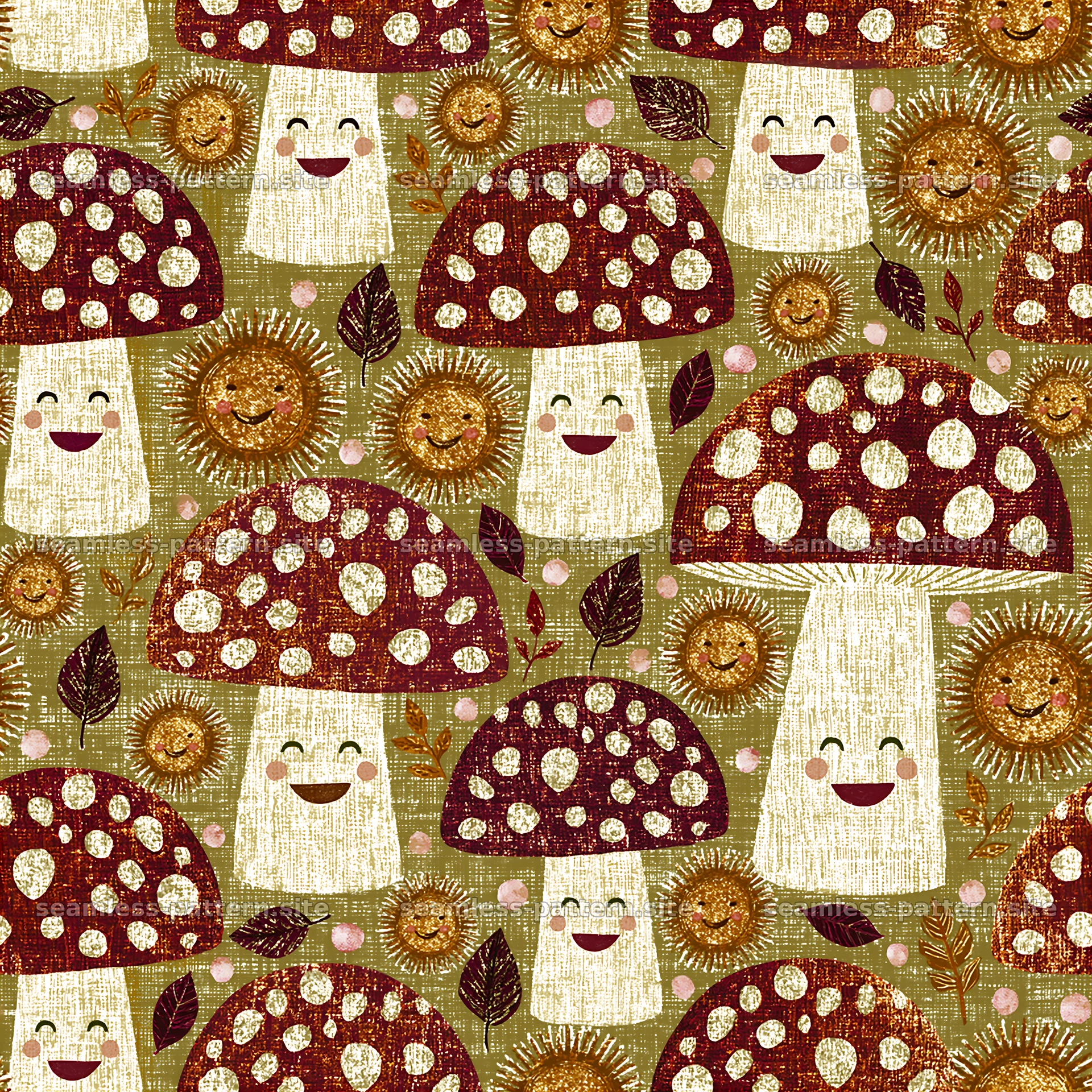 Mushrooms and flowers in a playful and colorful seamless pattern — seamless tileable pattern at 8192x8192