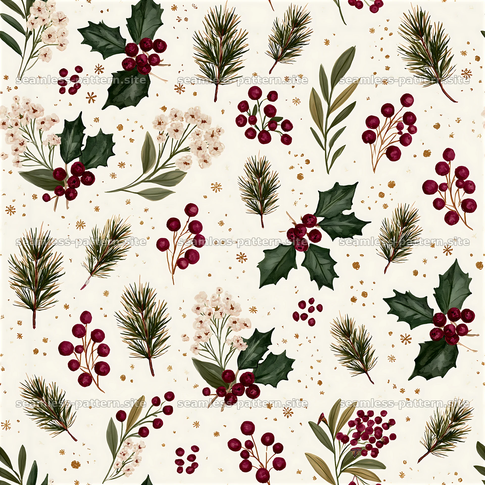 Floral and botanical seamless pattern for holiday fabric designs — seamless tileable pattern at 8192x8192