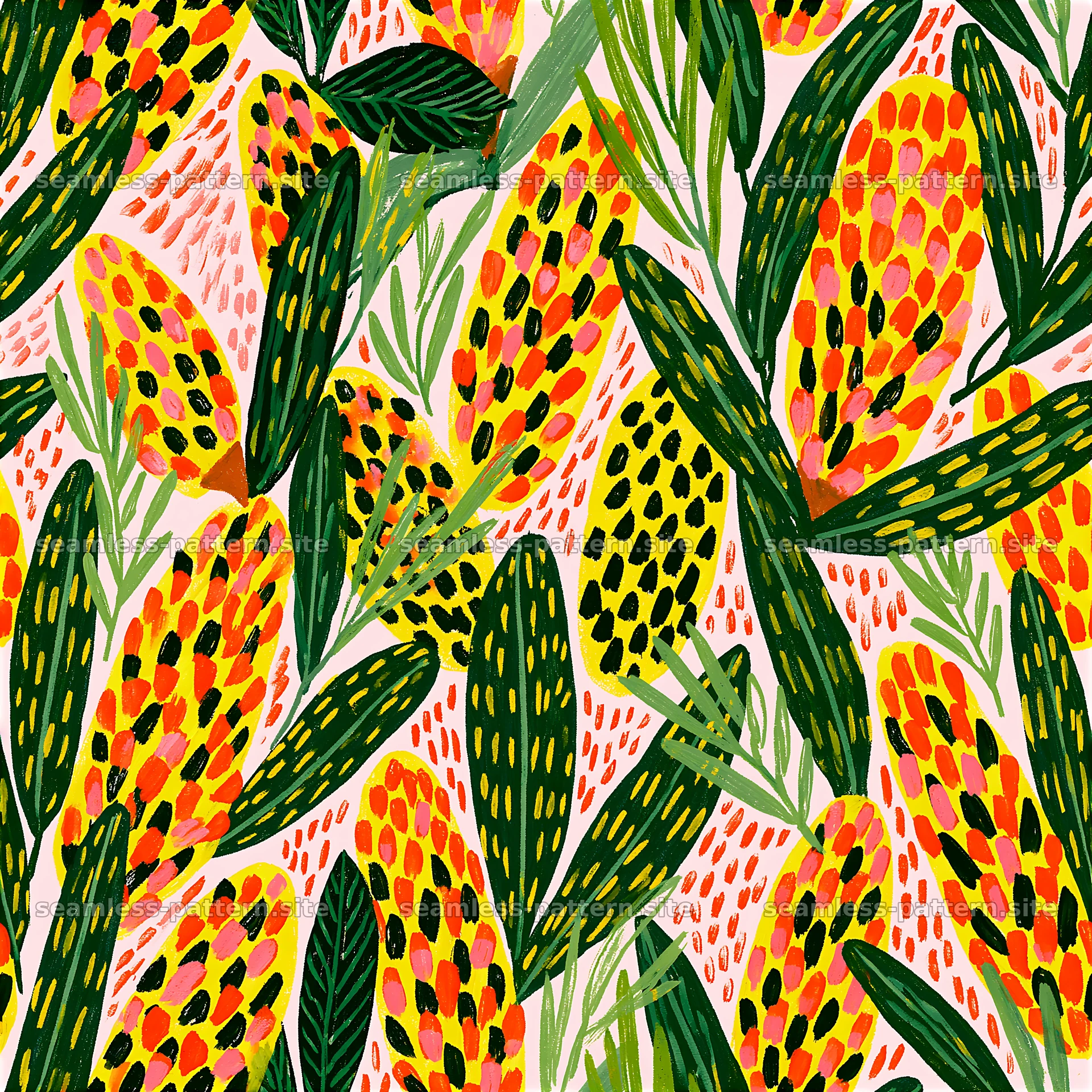 Vibrant seamless pattern featuring pinecone and foliage elements — seamless tileable pattern at 8192x8192