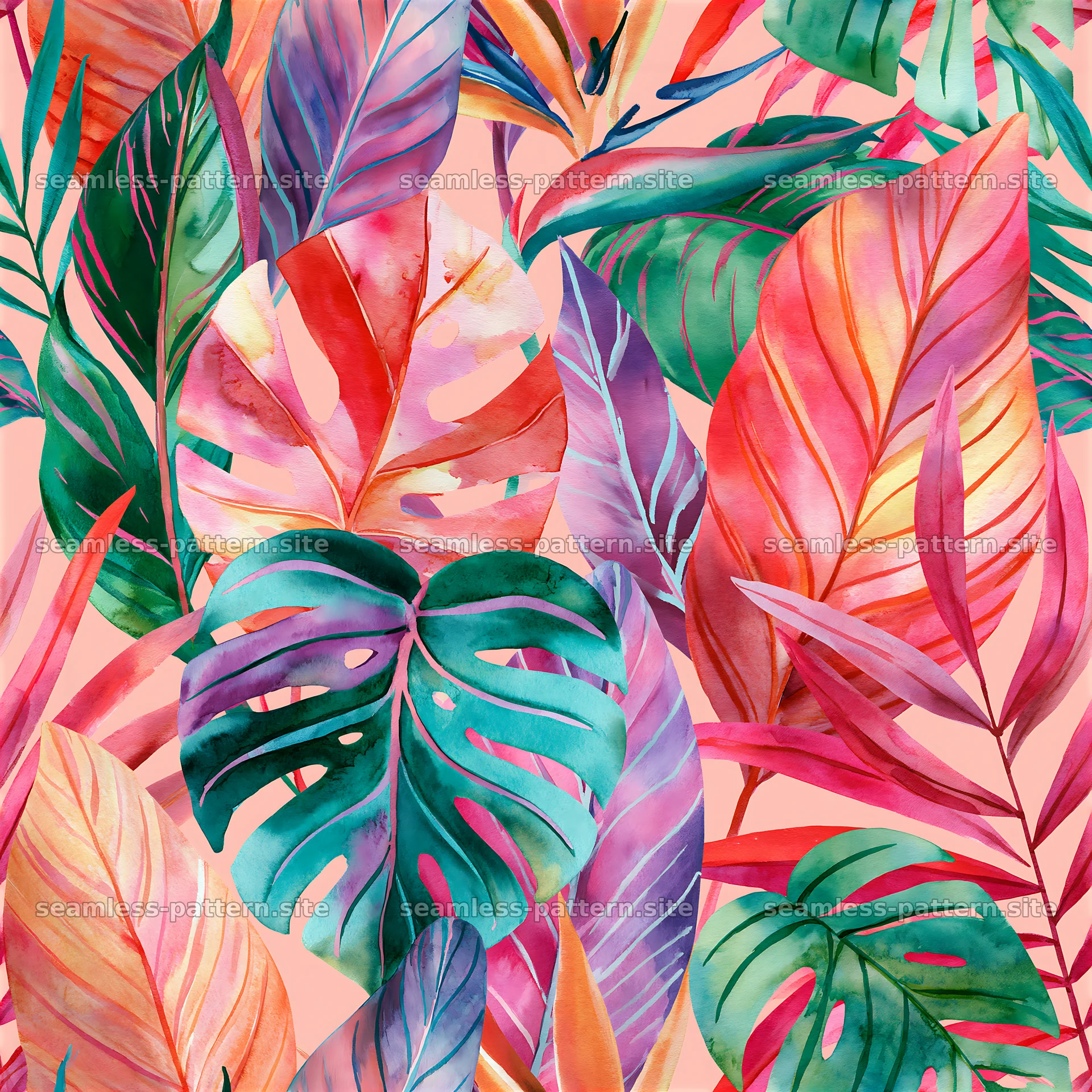 Bright watercolor leaves seamless pattern in vibrant colors — seamless tileable pattern at 8192x8192