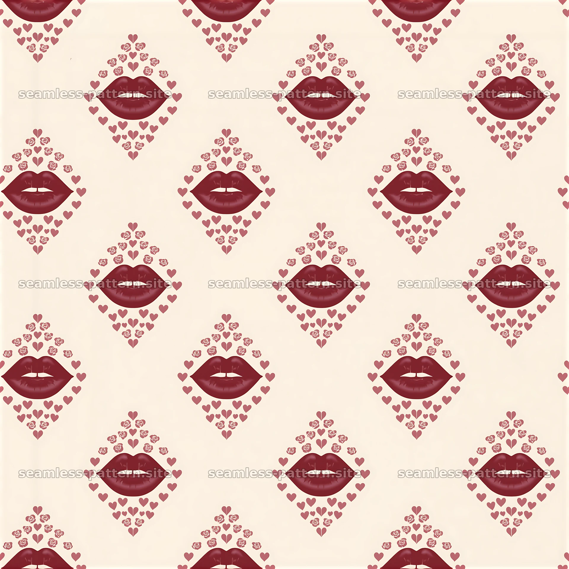 Seamless pattern with burgundy lips and rose hearts across a light background — seamless tileable pattern at 8192x8192