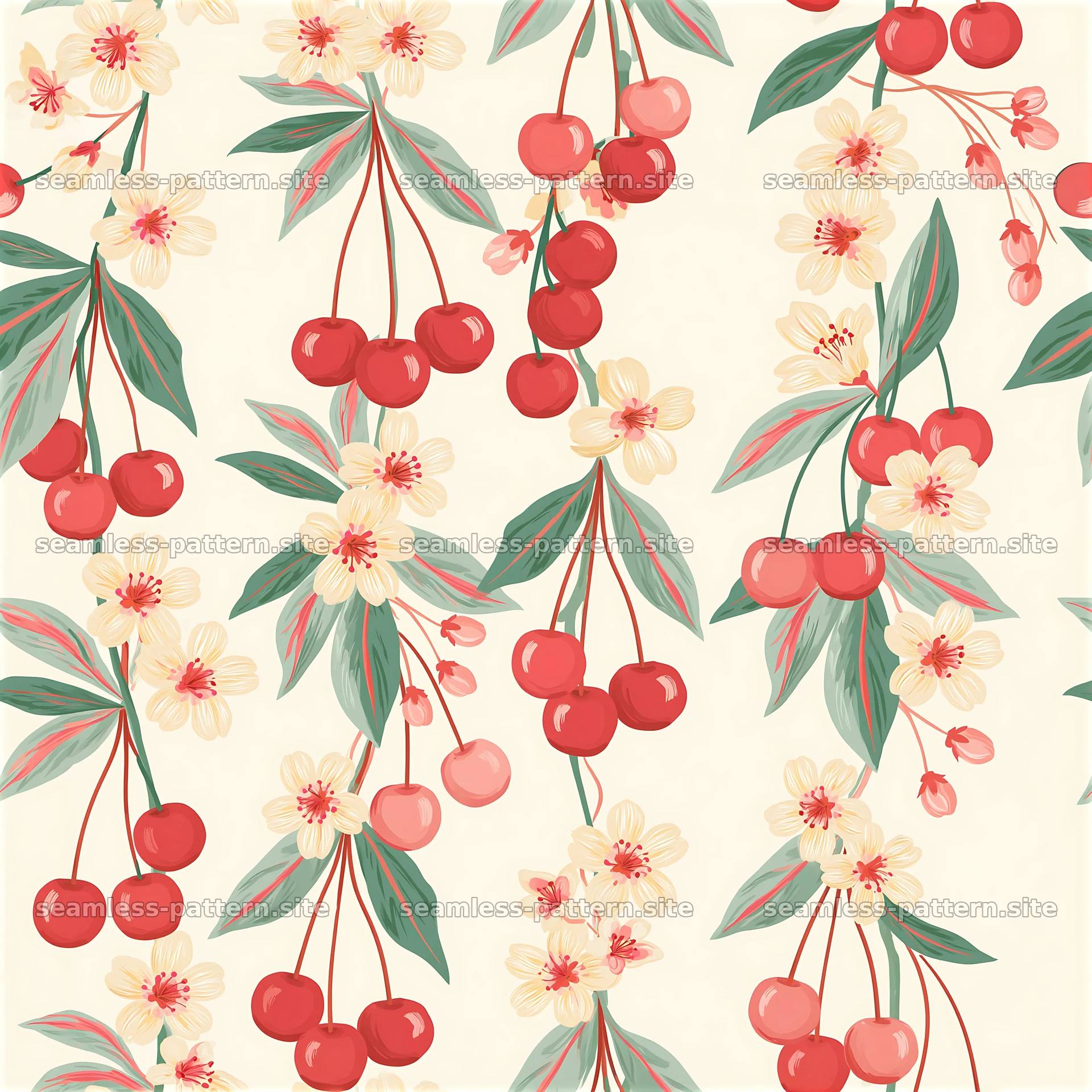 Cute cherry seamless pattern with red cherries and flowers on light — seamless tileable pattern at 8192x8192