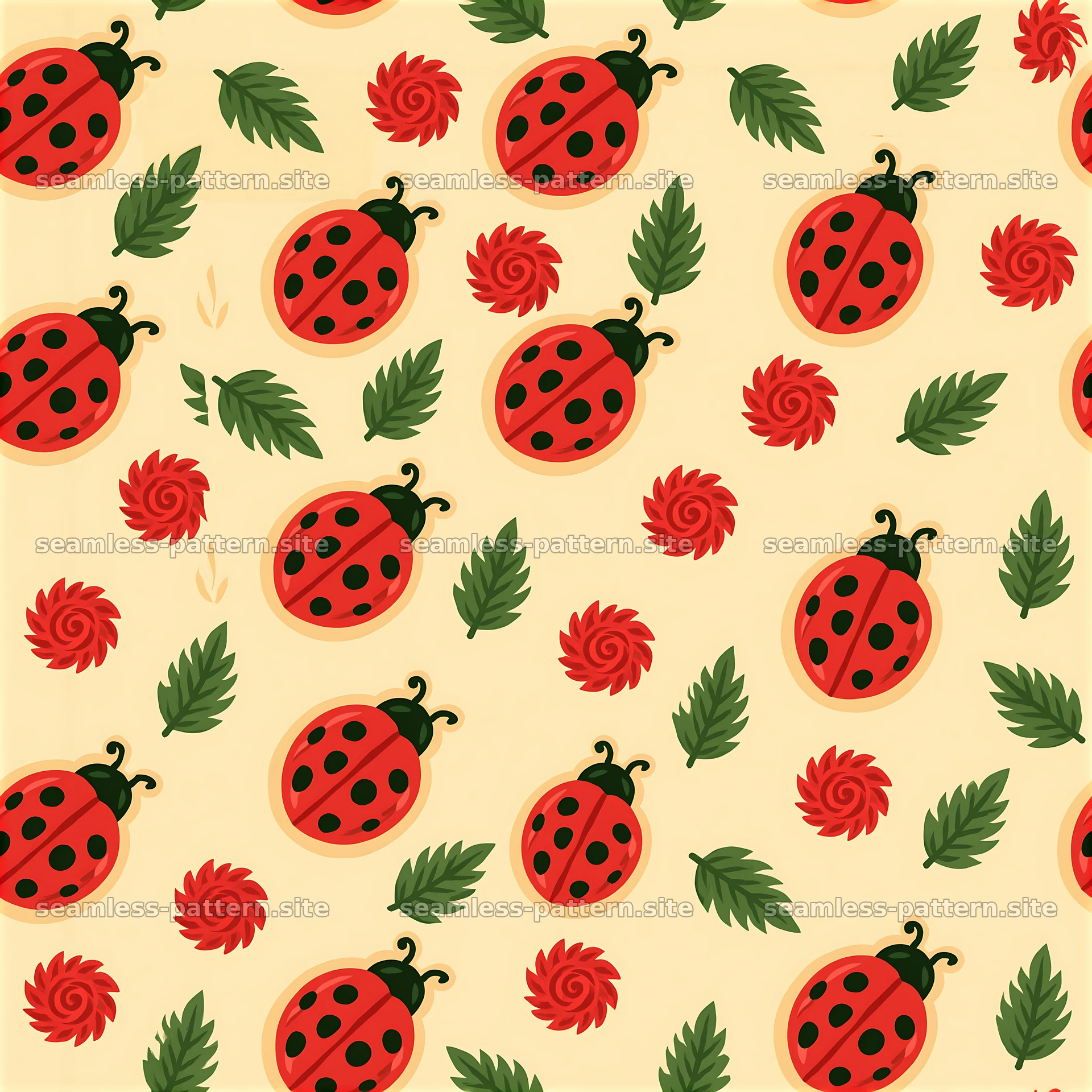 Cute Ladybug and Leaf Seamless Pattern — seamless tileable pattern at 8192x8192
