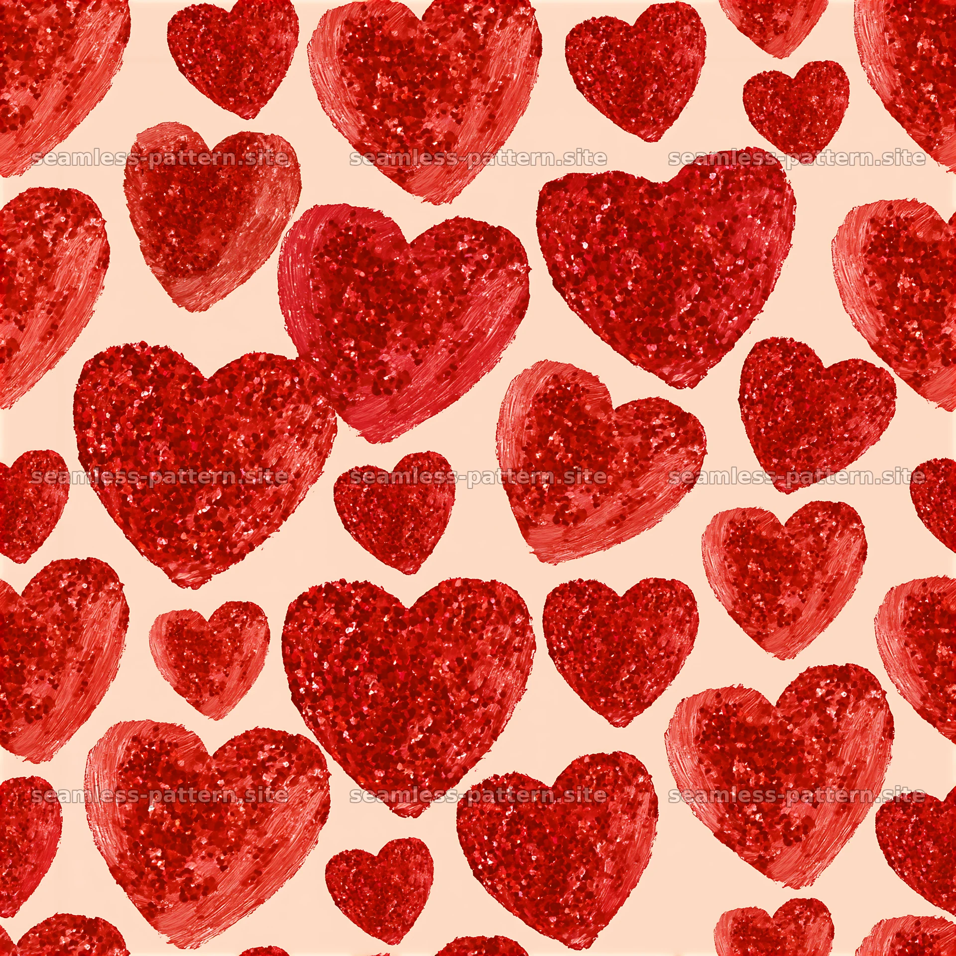 Seamless glitter heart pattern with various sizes of red hearts — seamless tileable pattern at 8192x8192