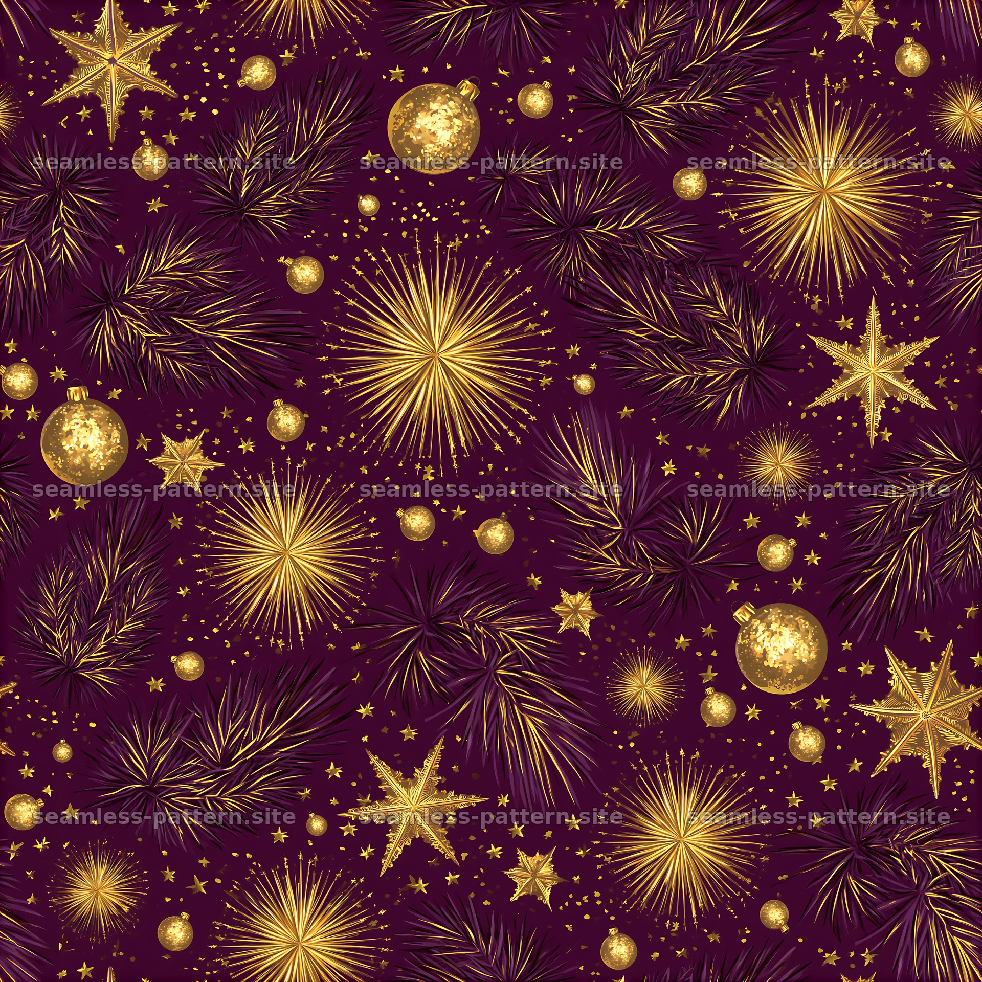 Seamless gold Christmas fireworks and ornaments pattern — seamless tileable pattern at 8192x8192