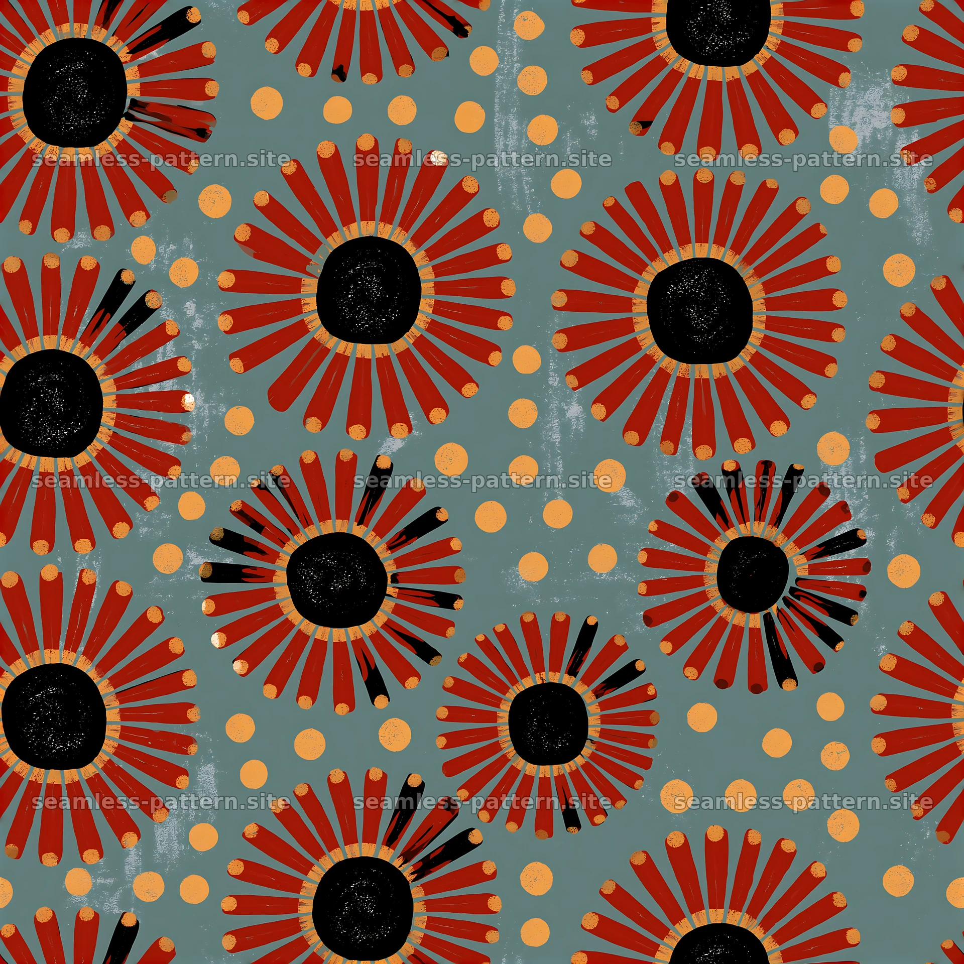 Repeating sun motif pattern in black, red, and gold colors — seamless tileable pattern at 8192x8192