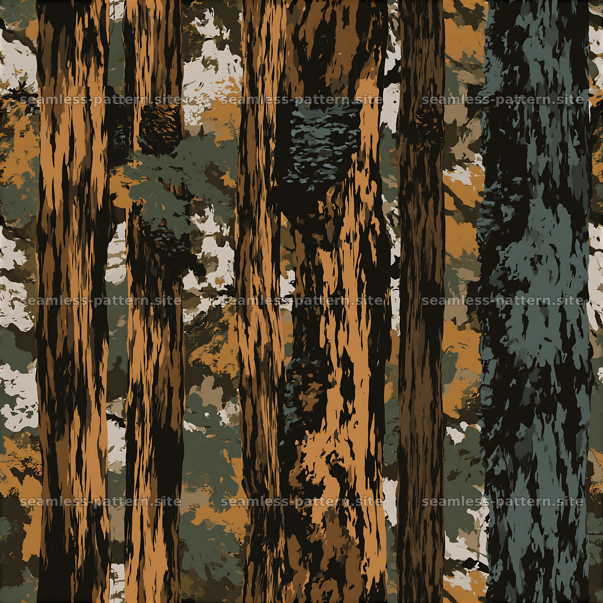 Woodland camouflage seamless pattern with tree bark and foliage — seamless tileable pattern at 8192x8192
