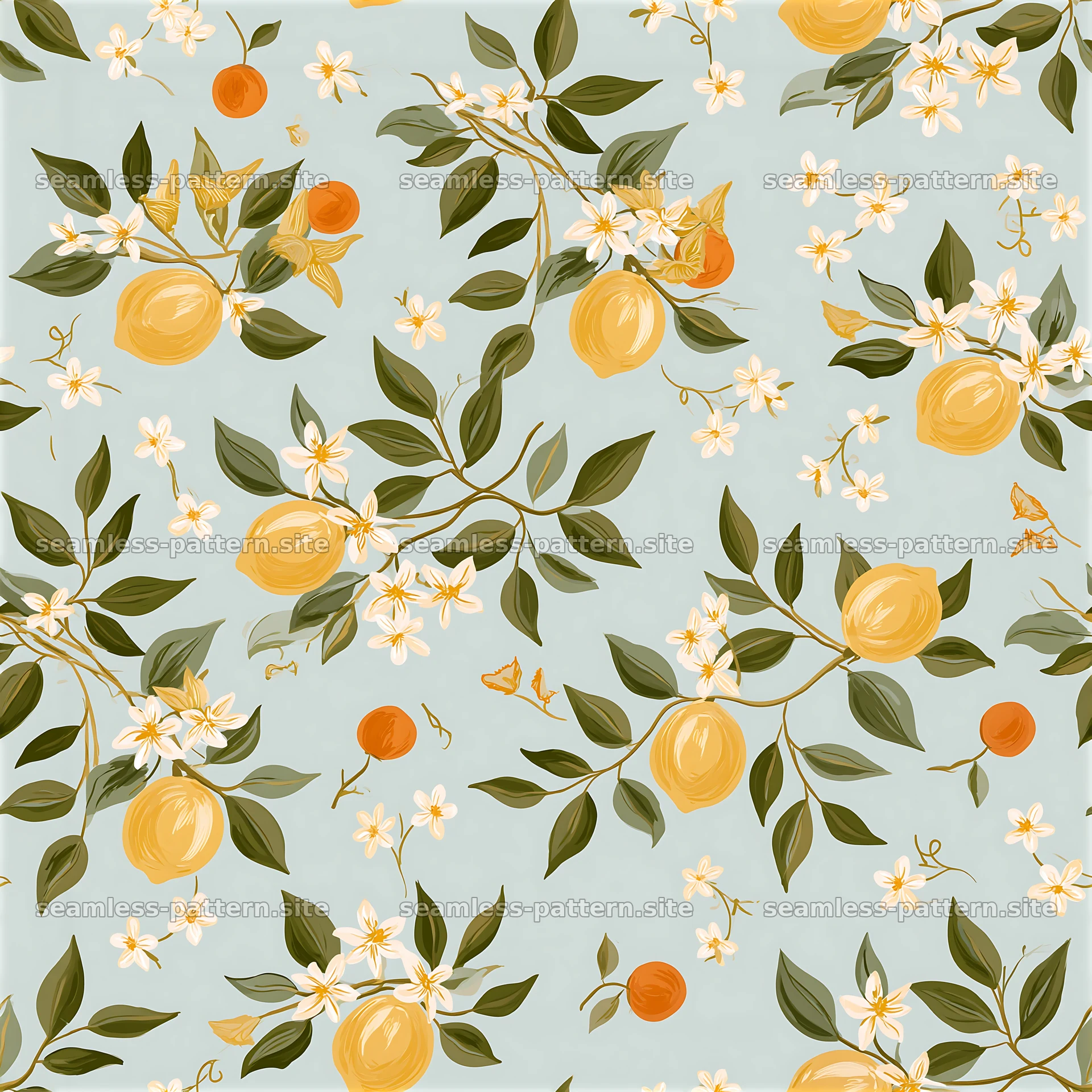 Colorful citrus seamless pattern with flowers and leaves layout — seamless tileable pattern at 8192x8192