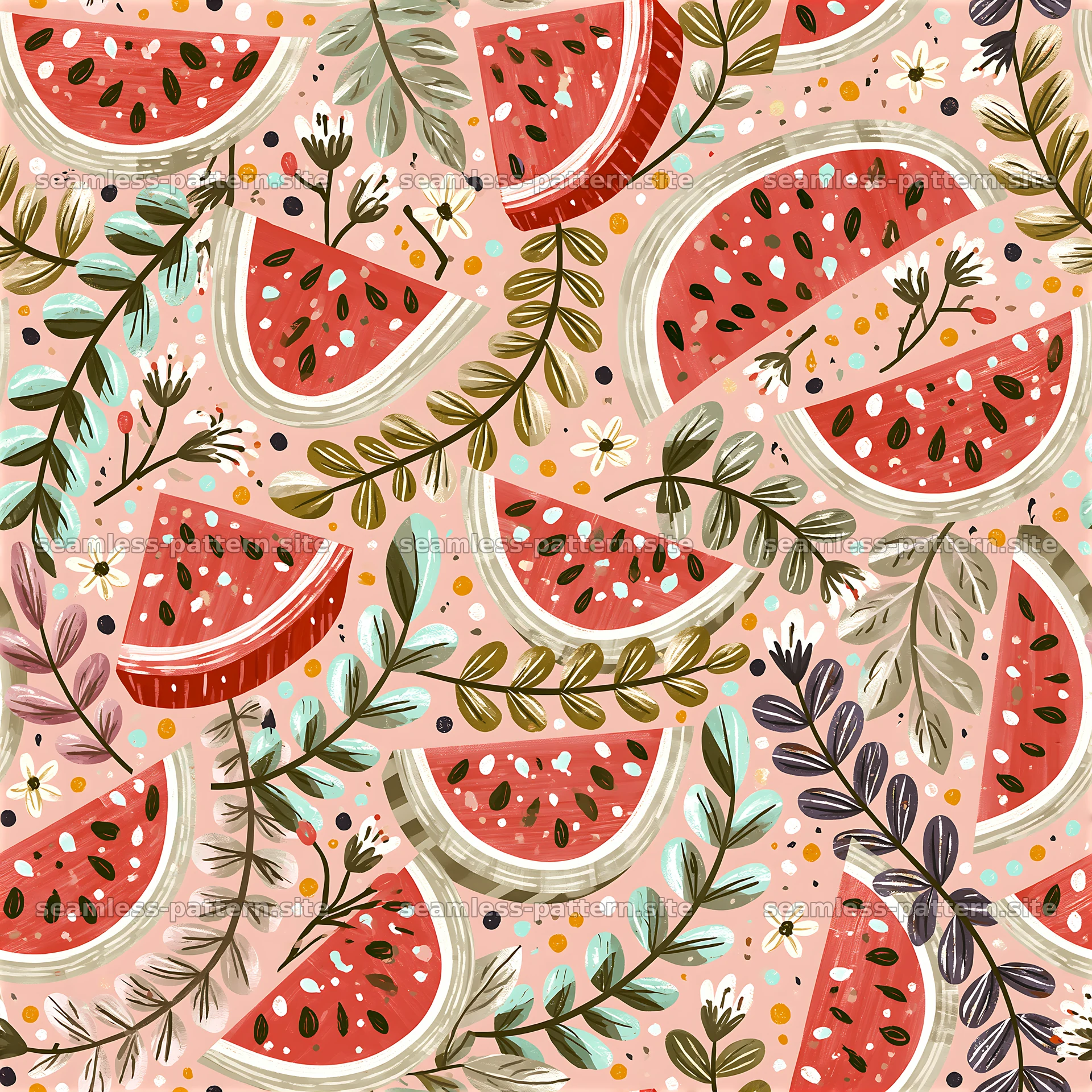 Colorful Watermelon and Botanical Gouache Pattern — seamless tileable pattern at 8192x8192