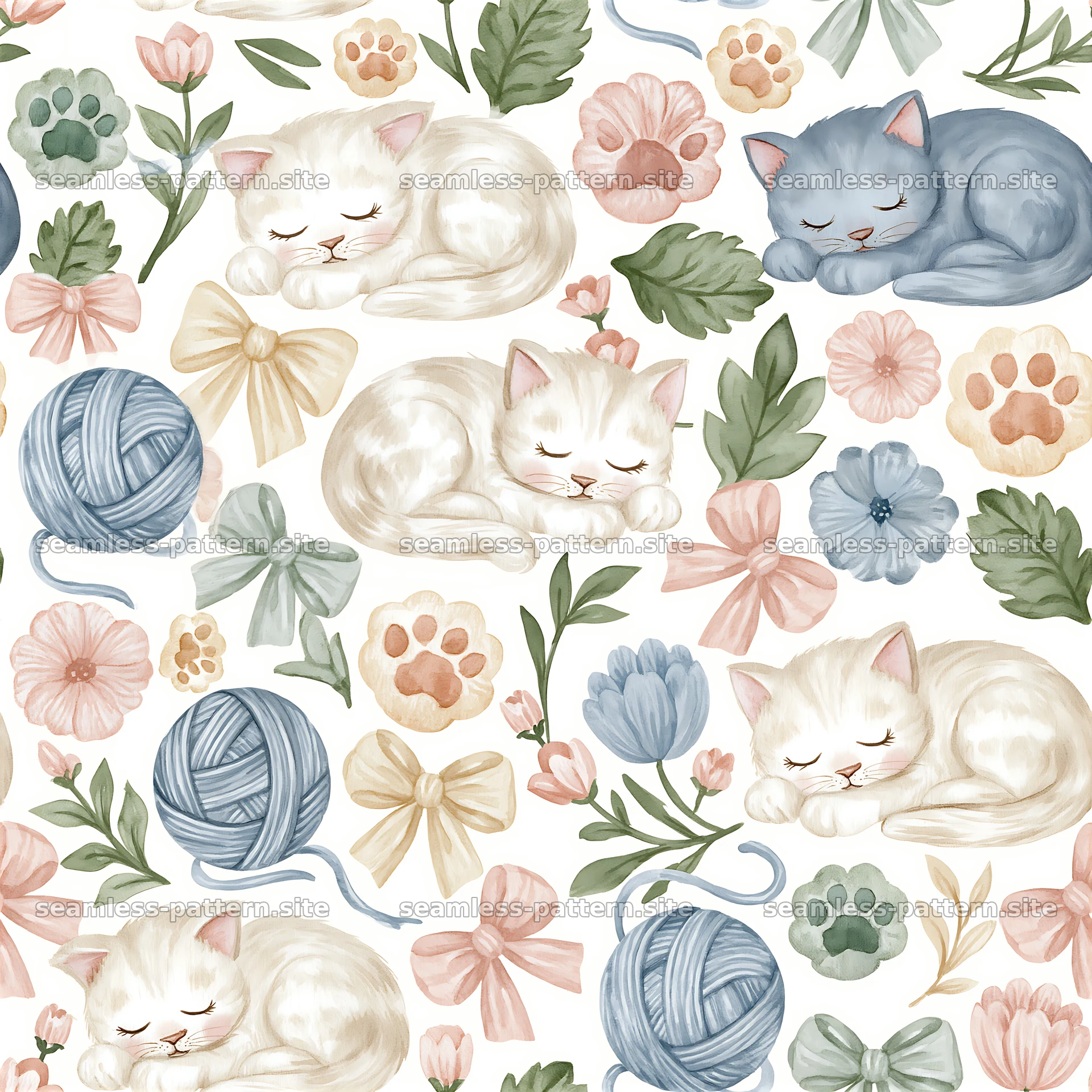 Seamless watercolor nursery pattern with sleeping cats and flowers — seamless tileable pattern at 8192x8192
