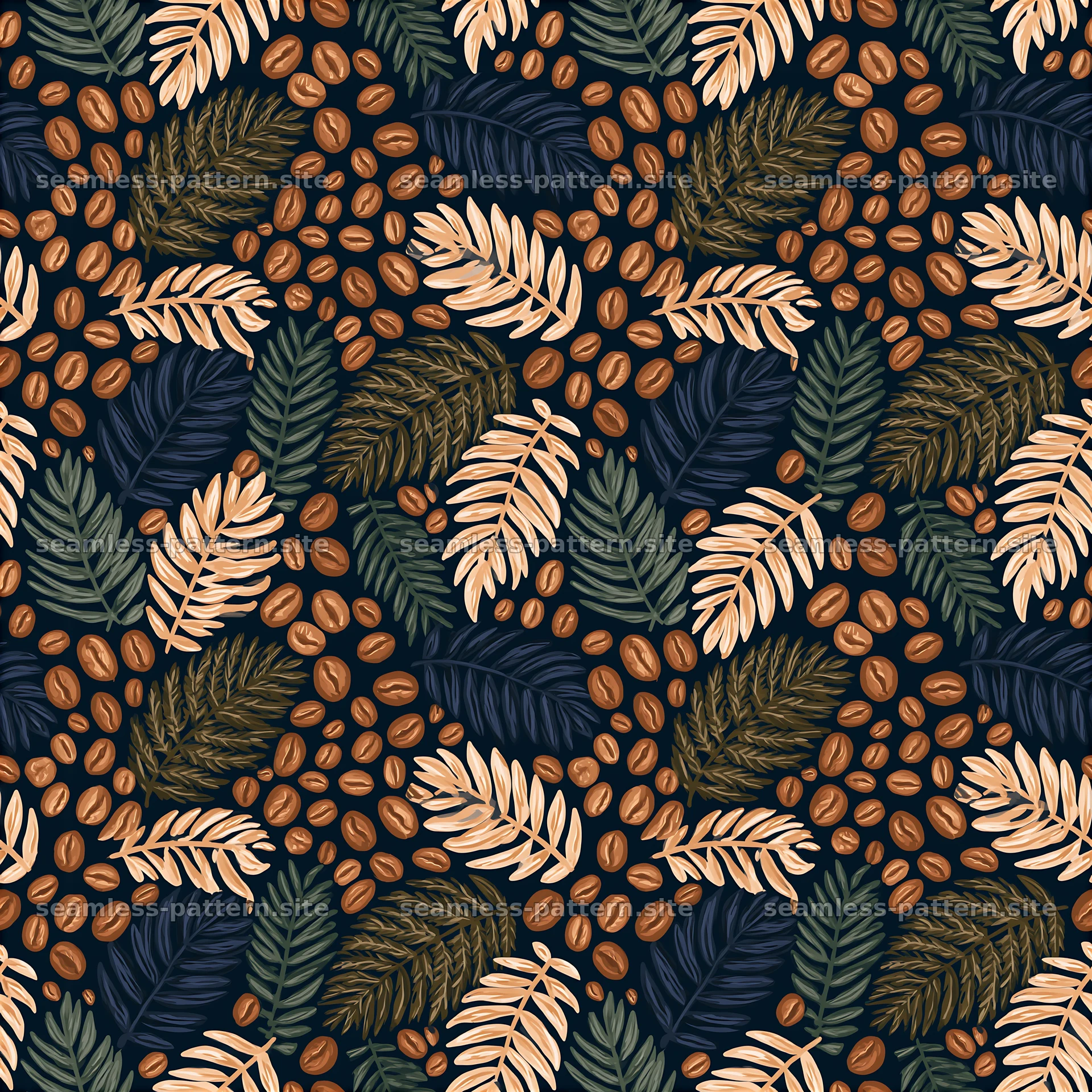 Seamless coffee bean and botanical foliage pattern — seamless tileable pattern at 8192x8192
