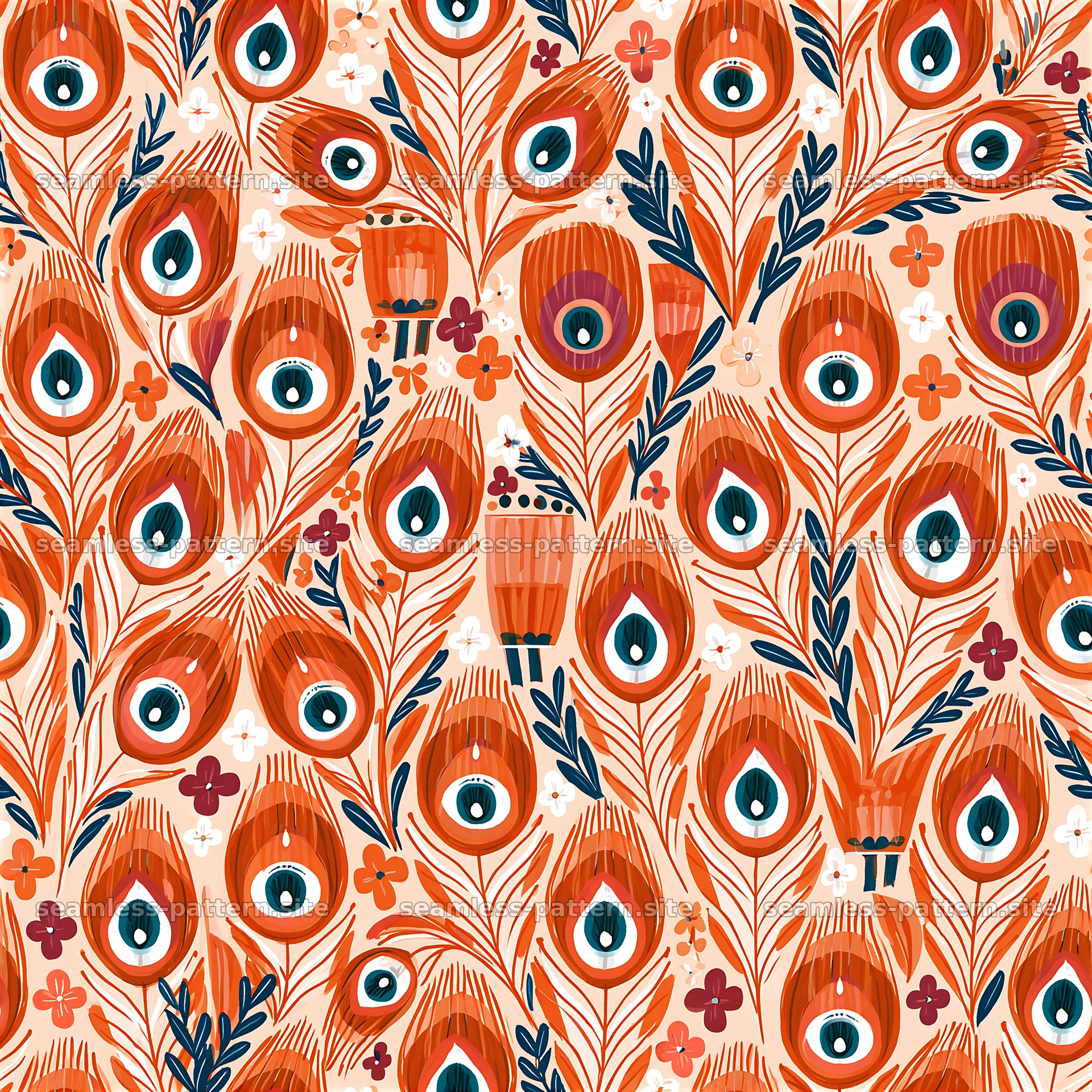Colorful peacock feather and floral seamless pattern — seamless tileable pattern at 8192x8192