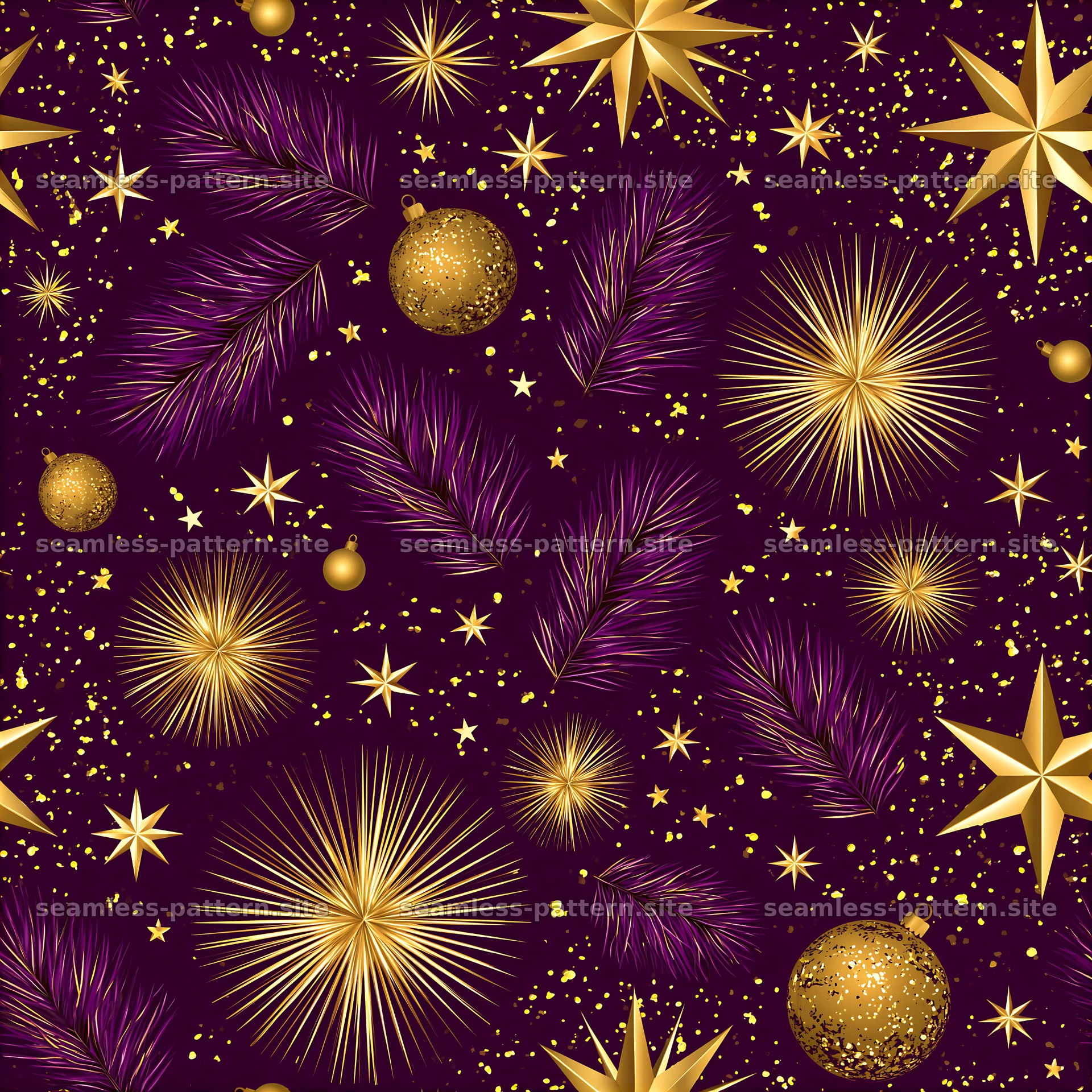 Seamless Gold Christmas Pattern with Stars and Pine Branches — seamless tileable pattern at 8192x8192