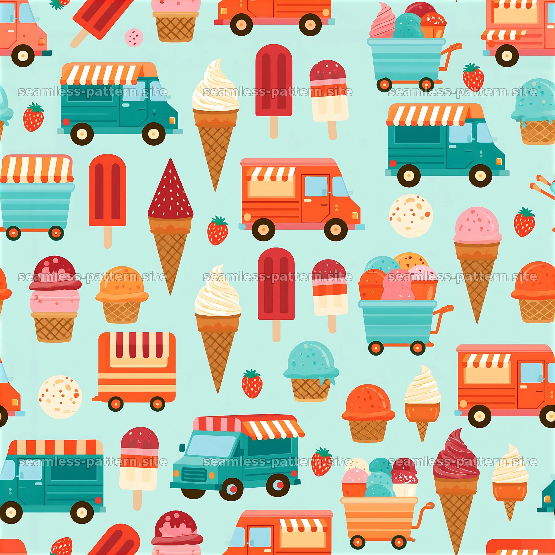Colorful ice cream seamless pattern filled with ice cream cones and trucks — seamless tileable pattern at 8192x8192