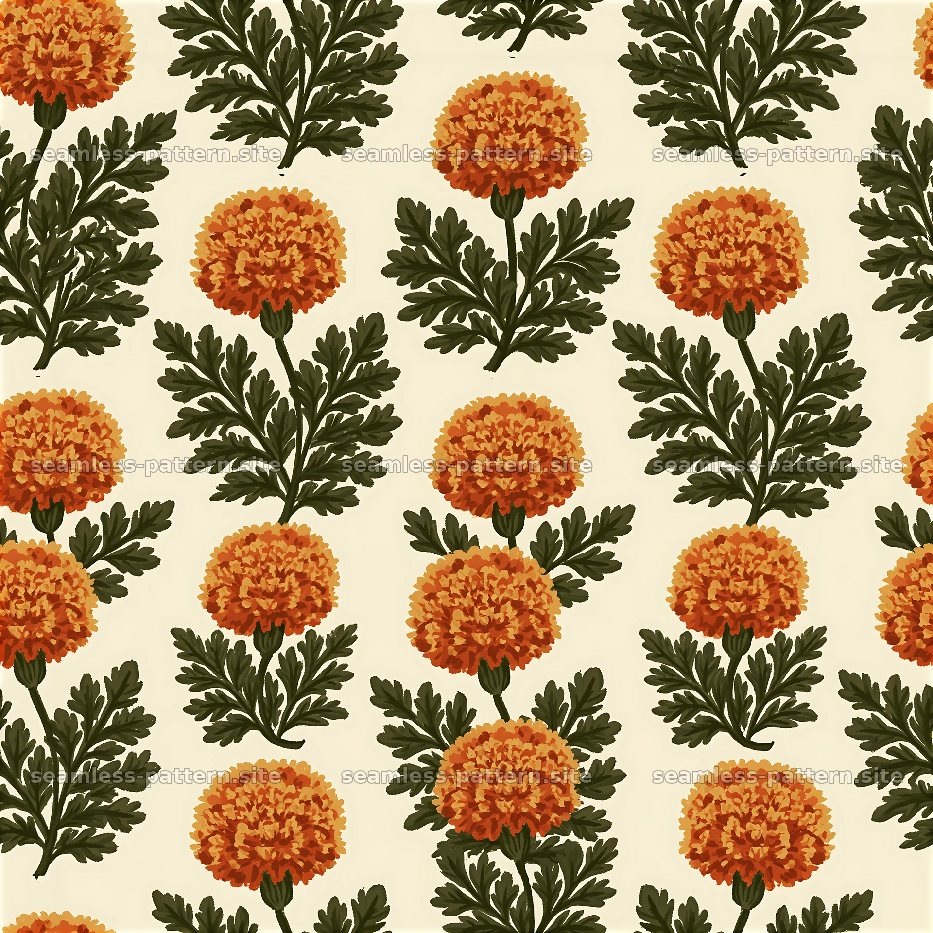 Marigold repeat pattern with vibrant flowers and green leaves — seamless tileable pattern at 8192x8192