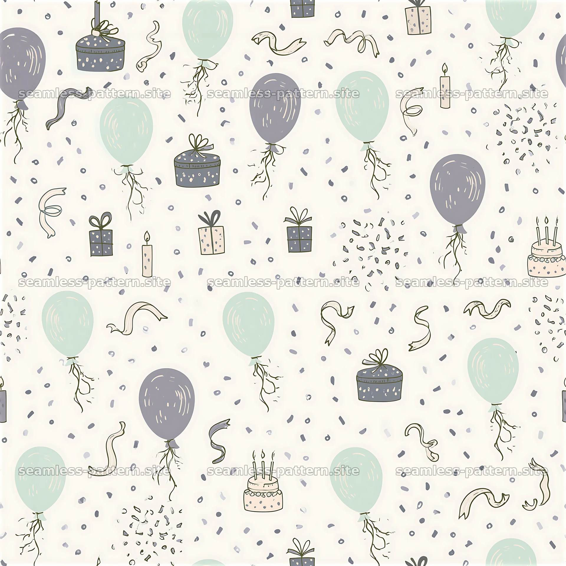 Fun birthday party seamless pattern with balloons and gifts — seamless tileable pattern at 8192x8192