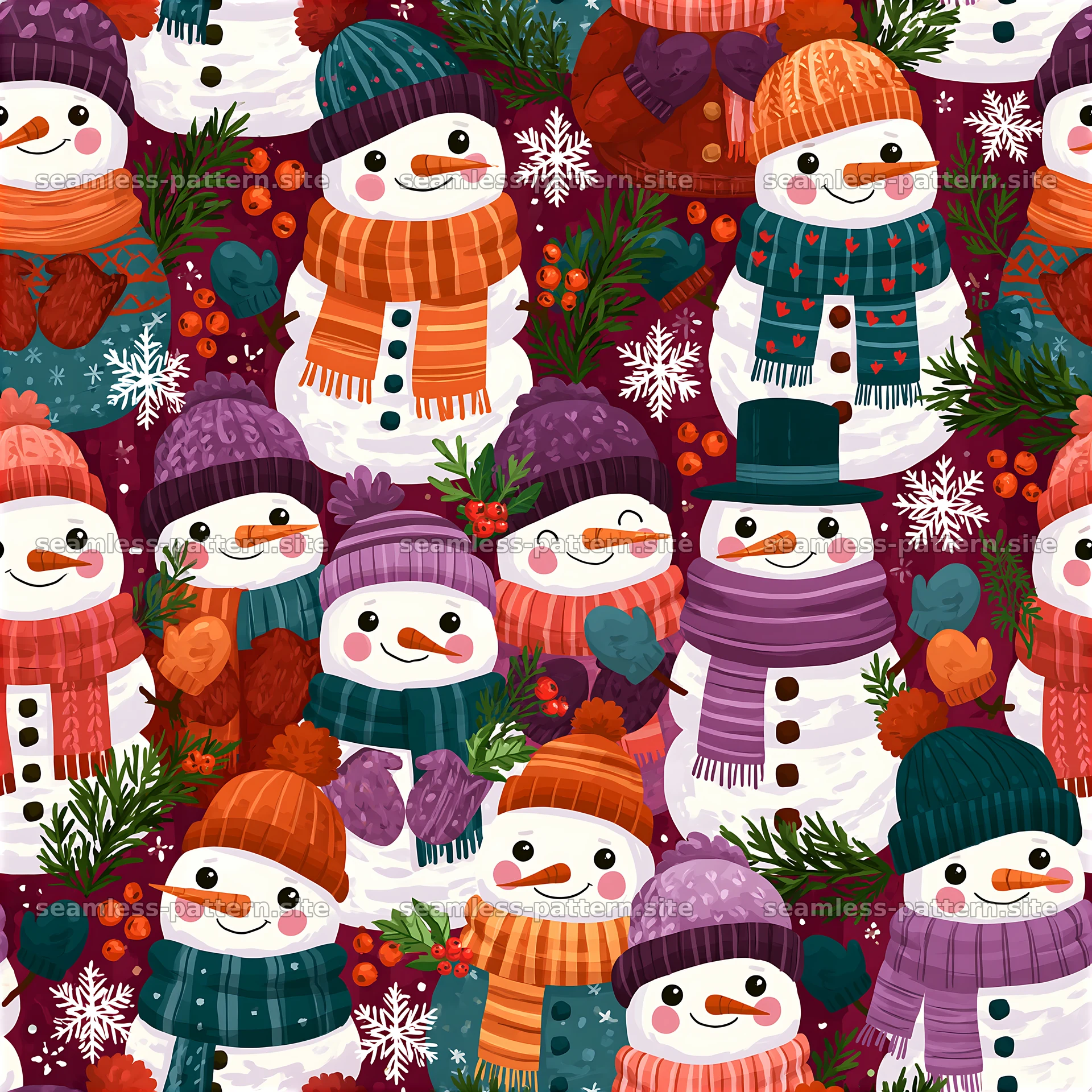 Repeating snowman pattern with winter accessories in vibrant colors — seamless tileable pattern at 8192x8192