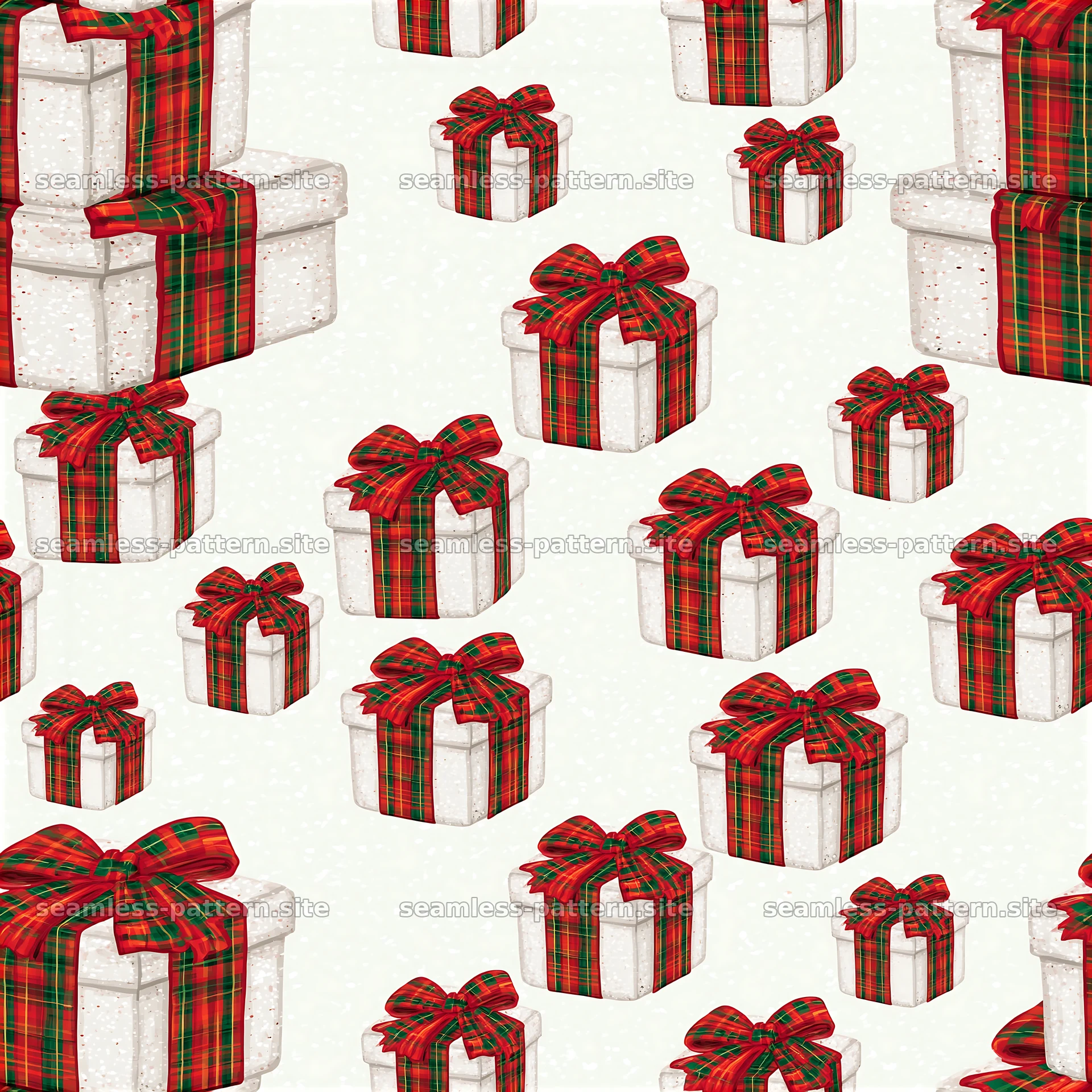 Repeating pattern of Christmas gifts with tartan ribbons — seamless tileable pattern at 8192x8192