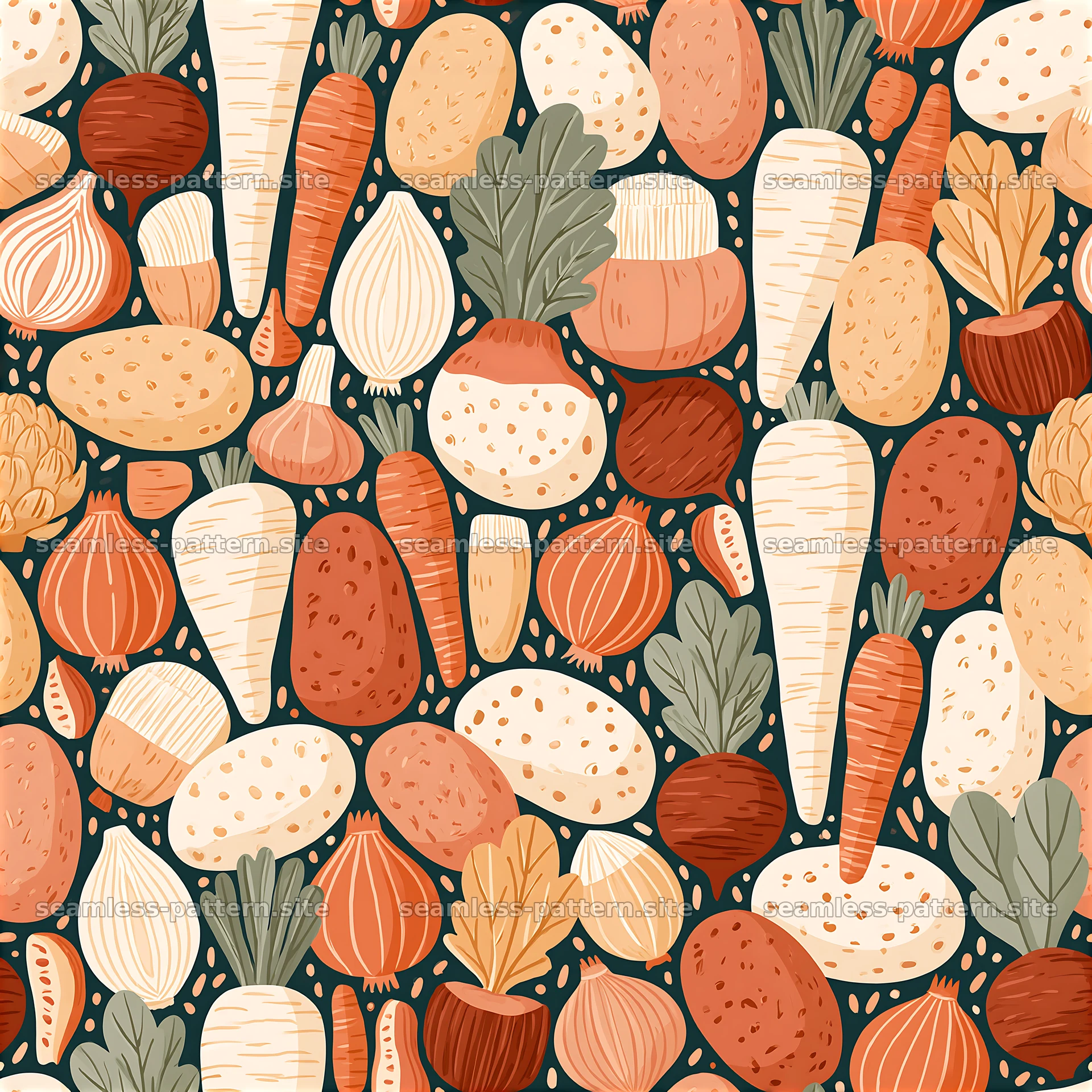 Colorful vegetable seamless pattern on dark background — seamless tileable pattern at 8192x8192