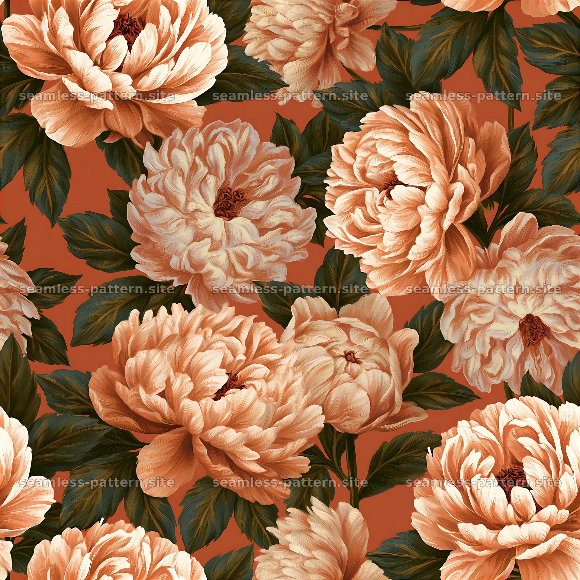 Peony repeat pattern in warm tones with detailed floral design — seamless tileable pattern at 8192x8192
