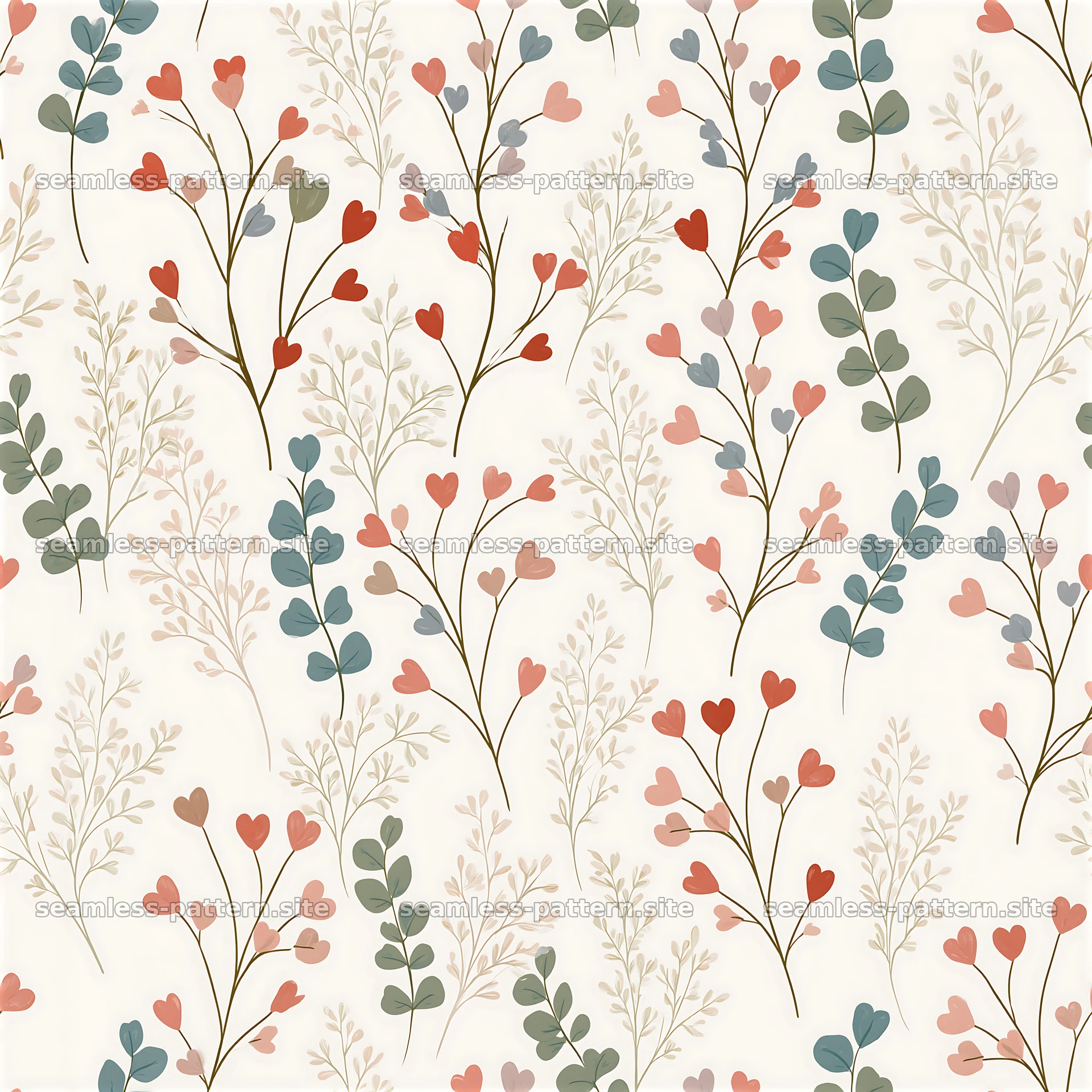Seamless botanical heart pattern with small hearts and leafy stems — seamless tileable pattern at 8192x8192
