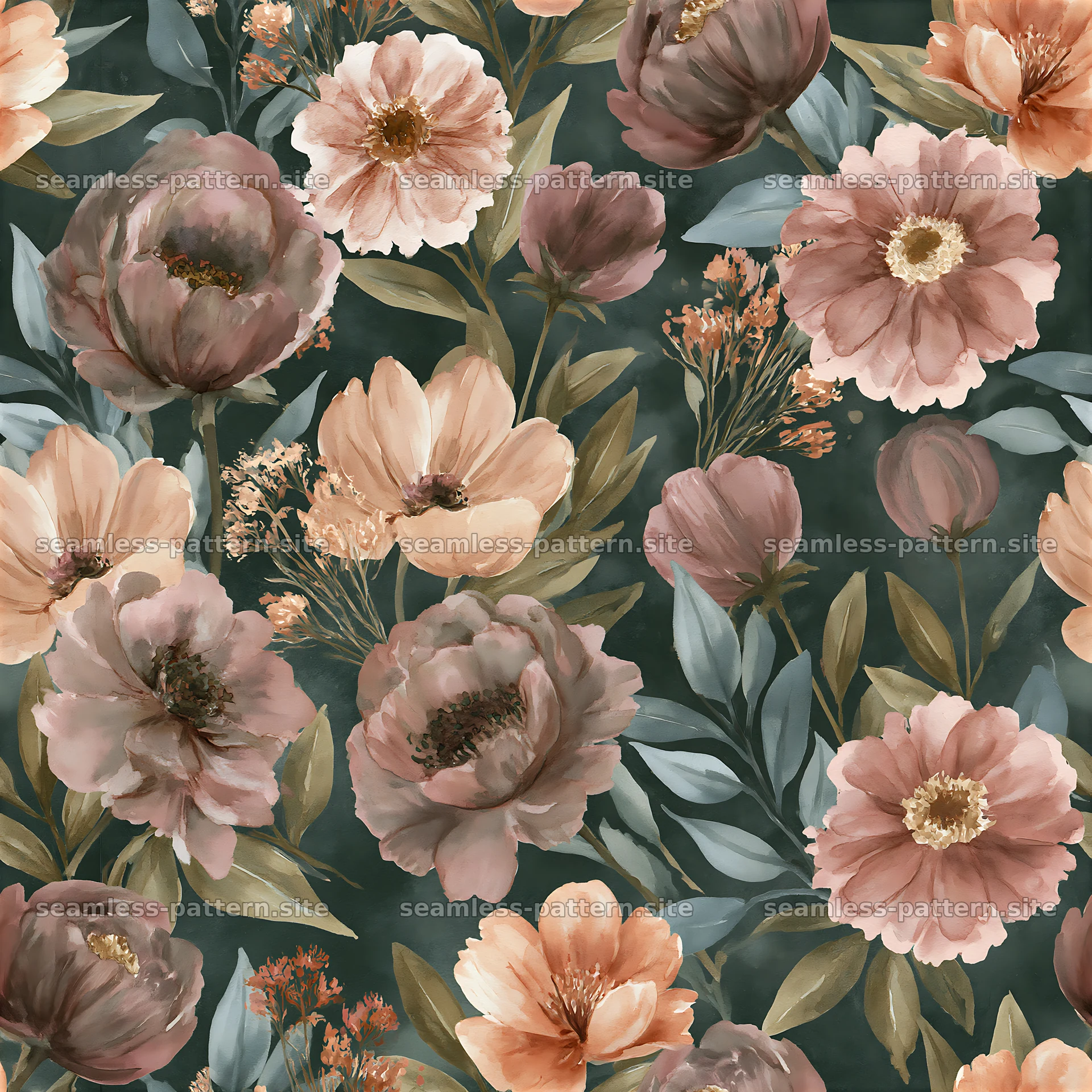 Tileable watercolor muted flower pattern with soft petals and leaves — seamless tileable pattern at 8192x8192