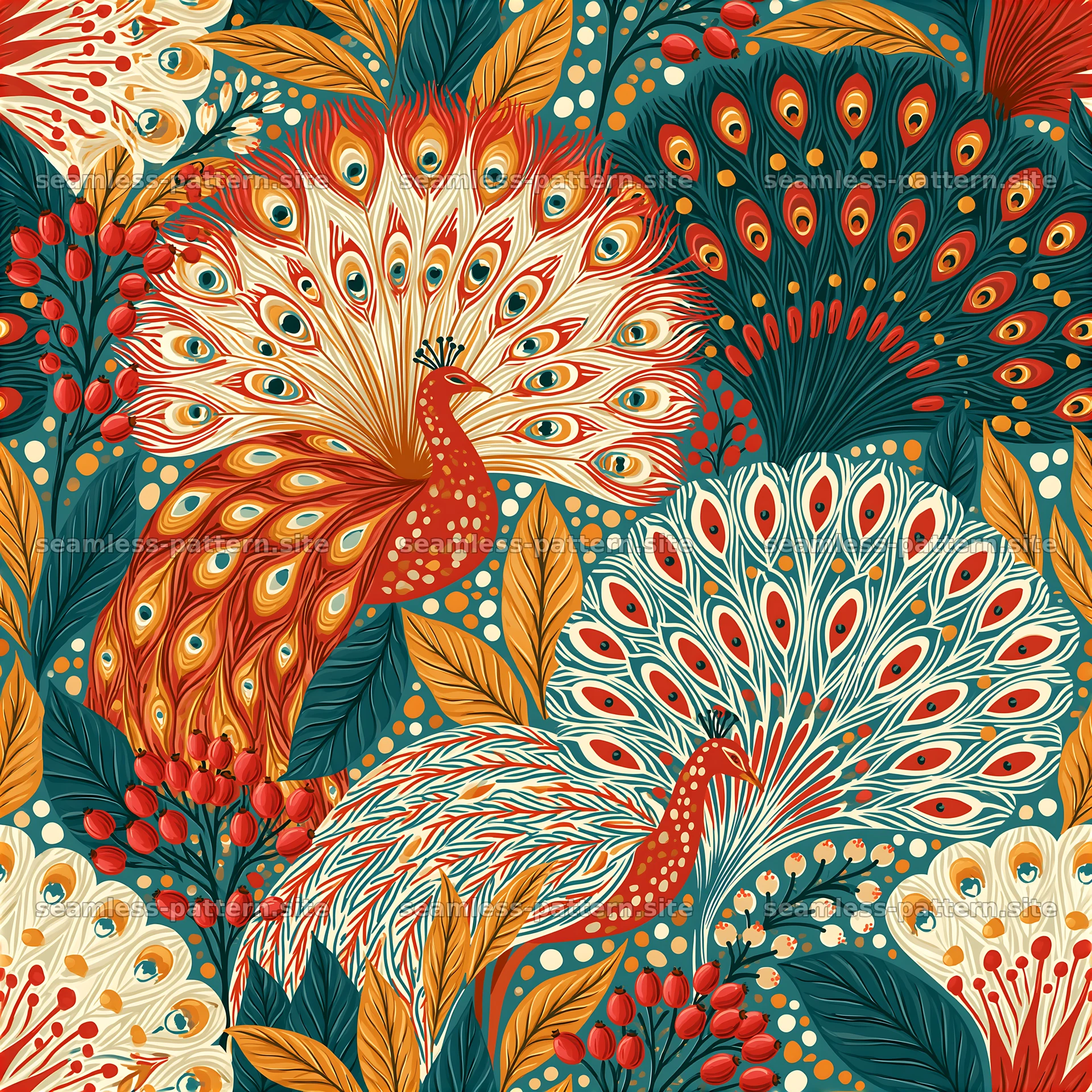 Funky boho peacock and botanical seamless pattern — seamless tileable pattern at 8192x8192