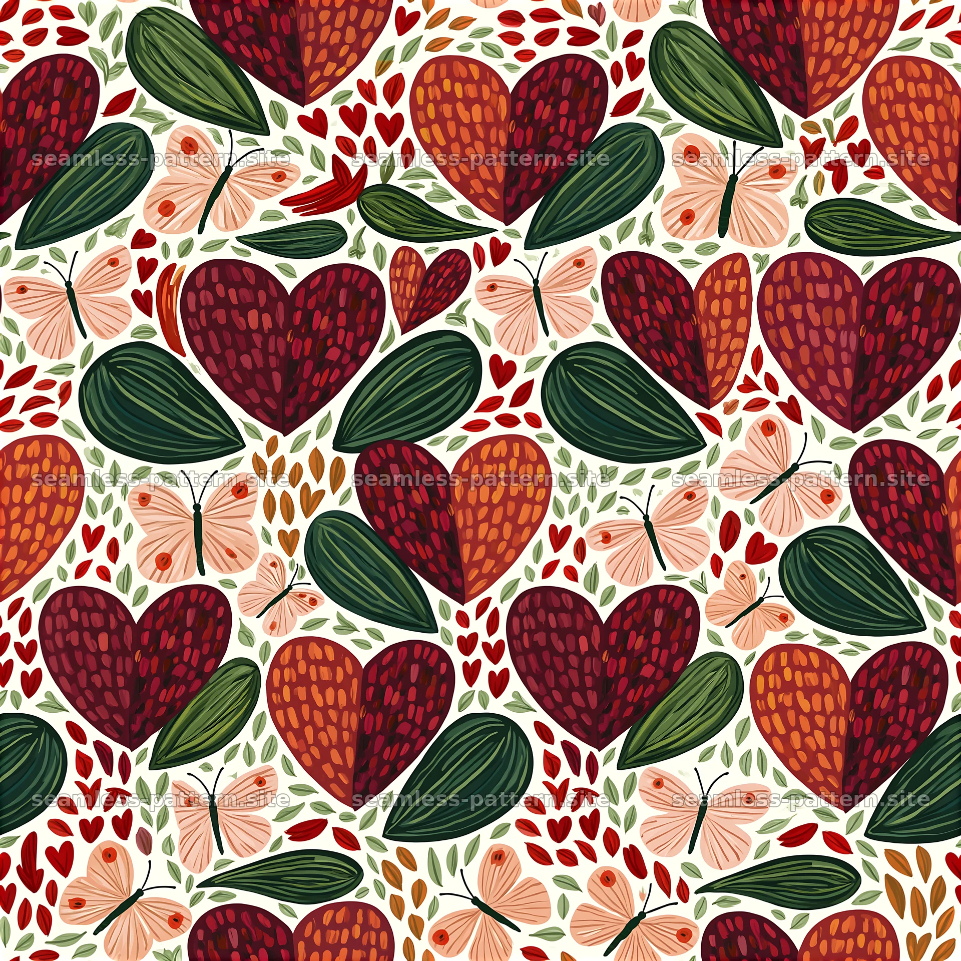 Seamless Heart and Butterfly Pattern with Leaves — seamless tileable pattern at 8192x8192