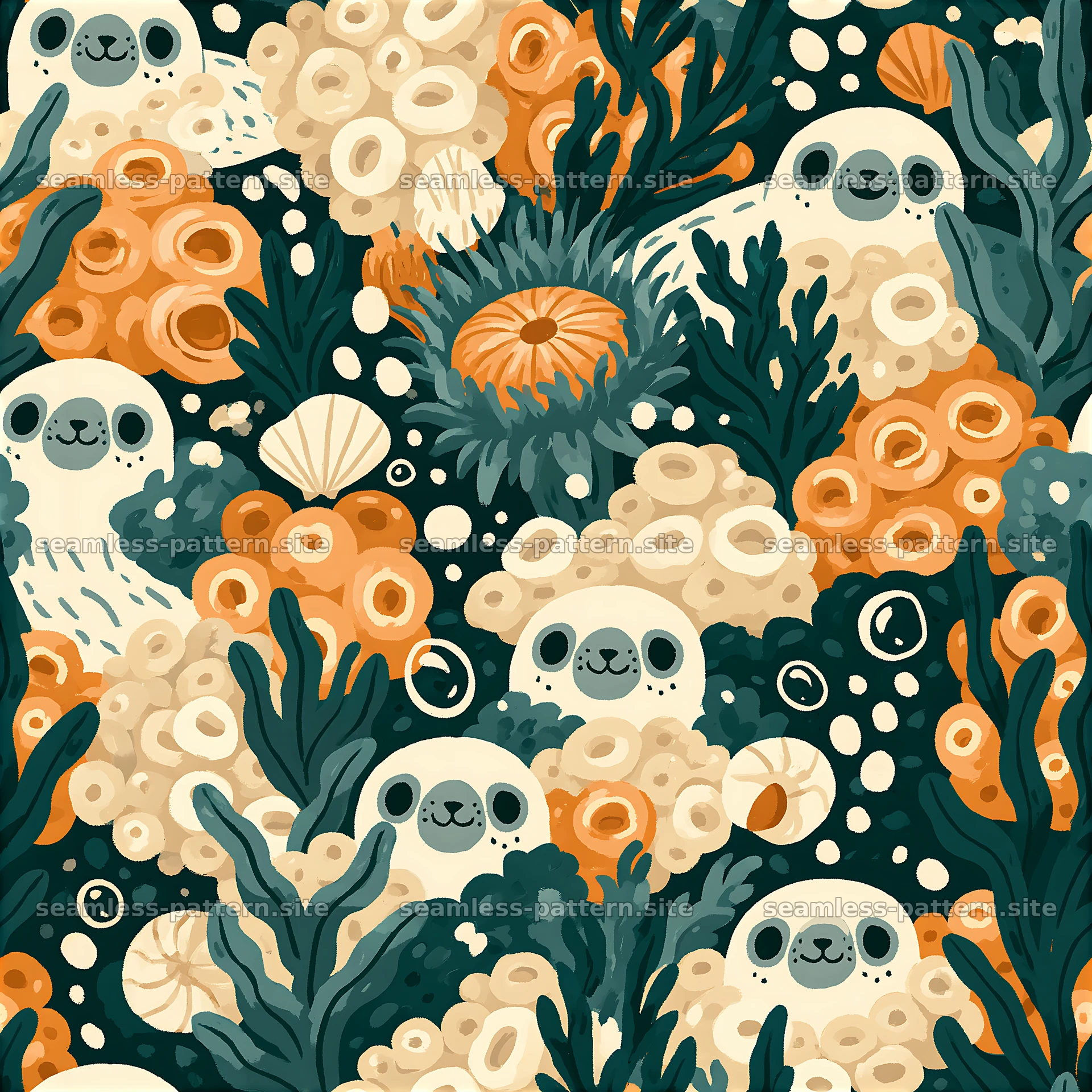 Cute seal and coral underwater seamless pattern — seamless tileable pattern at 8192x8192
