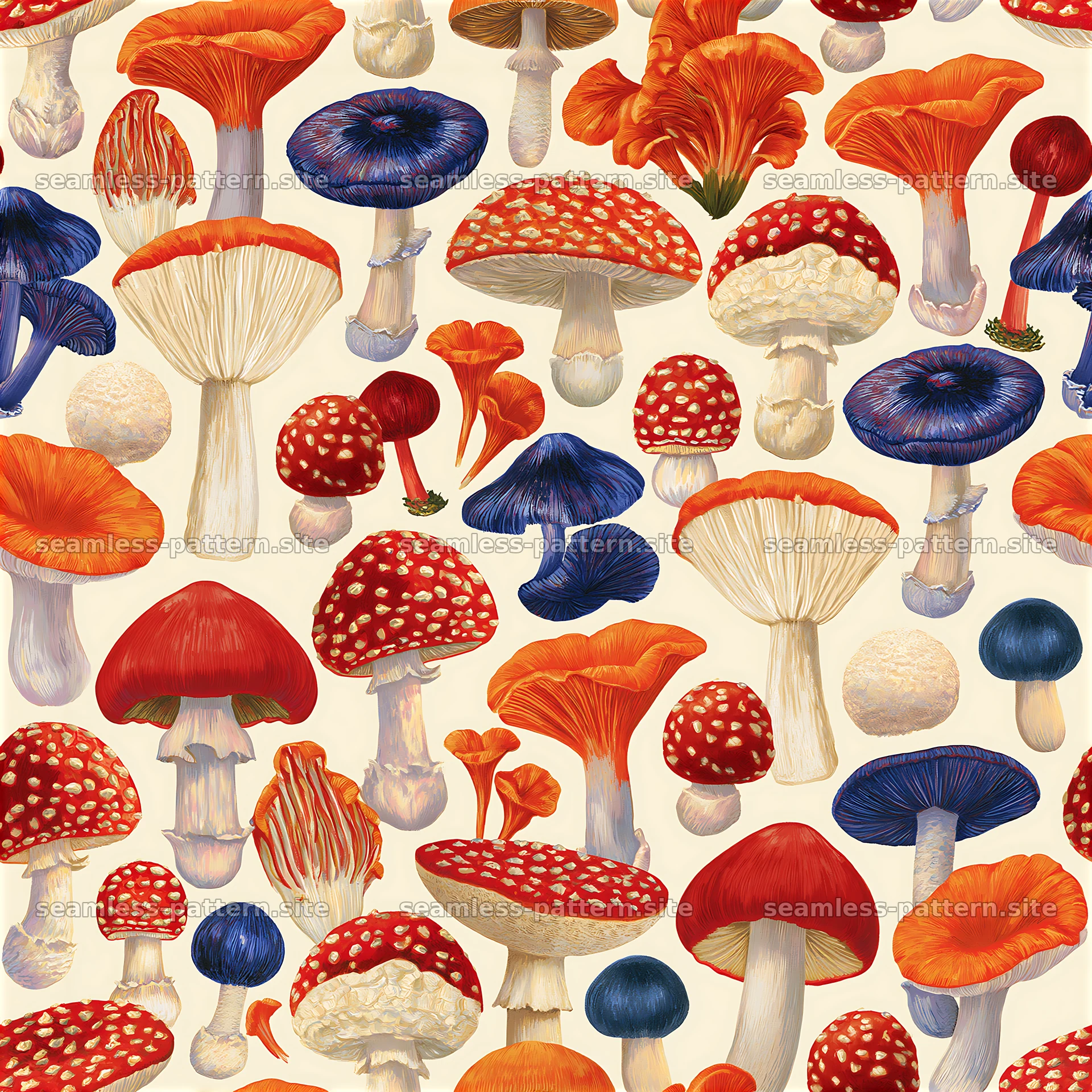 Colorful Mushroom Seamless Pattern with Red and Blue Fungi — seamless tileable pattern at 8192x8192