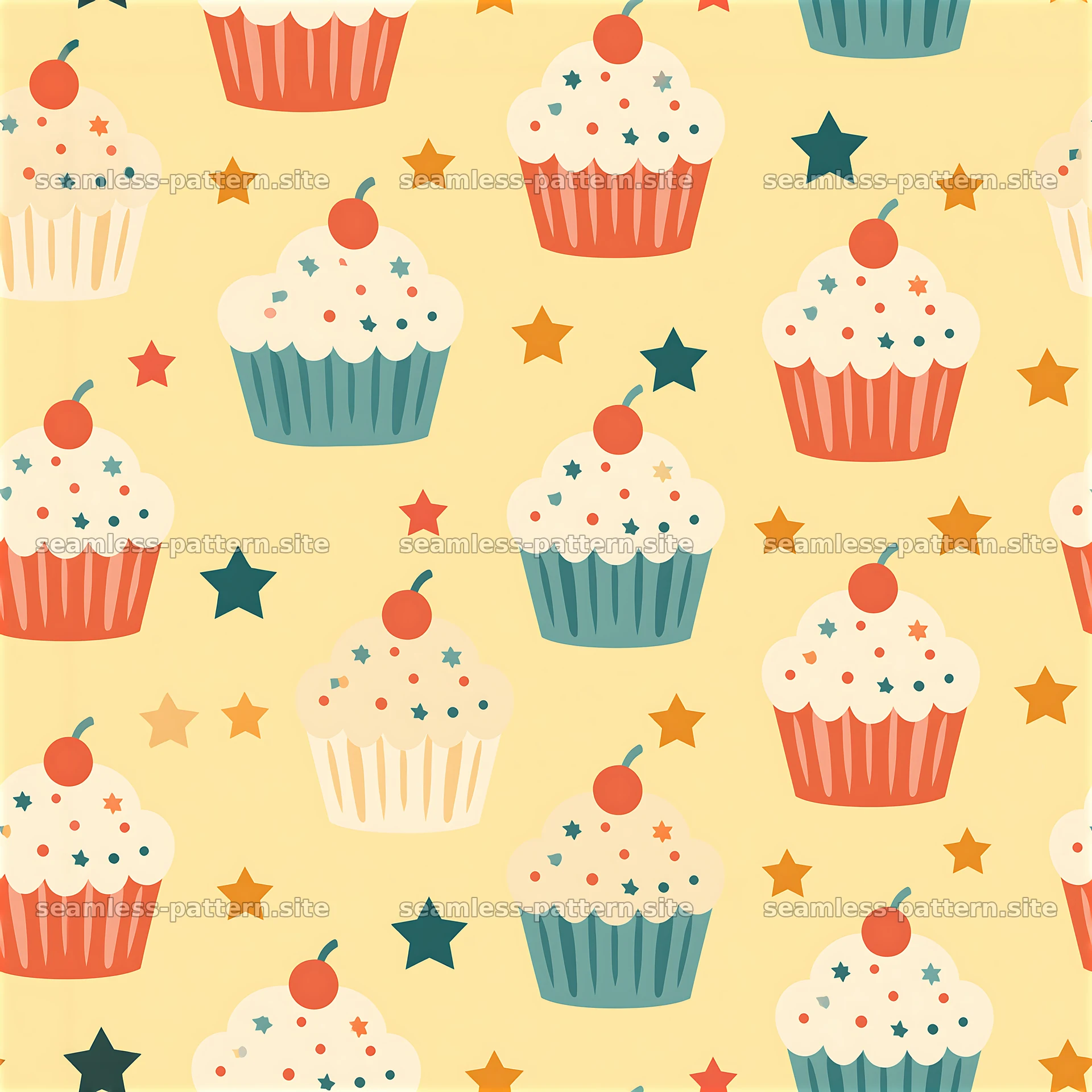 Cute cupcake seamless pattern for kids features colorful cupcakes — seamless tileable pattern at 8192x8192