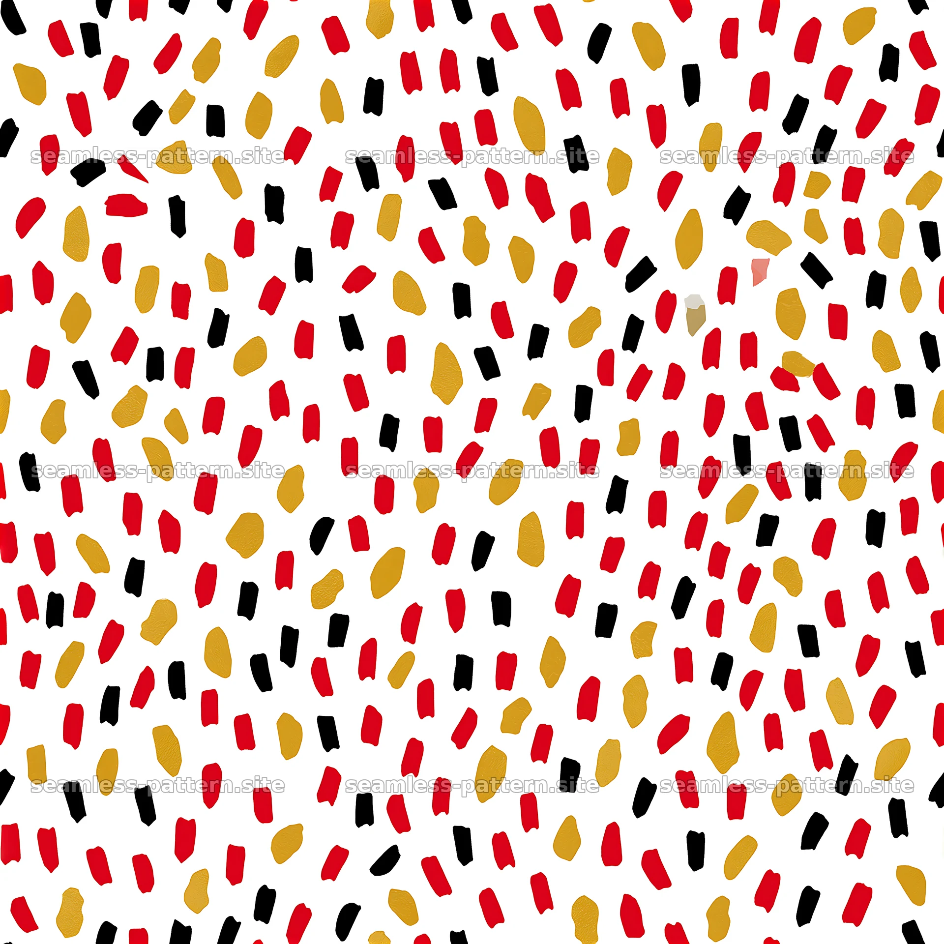 Vibrant confetti pattern in black, red, and gold for design use — seamless tileable pattern at 8192x8192